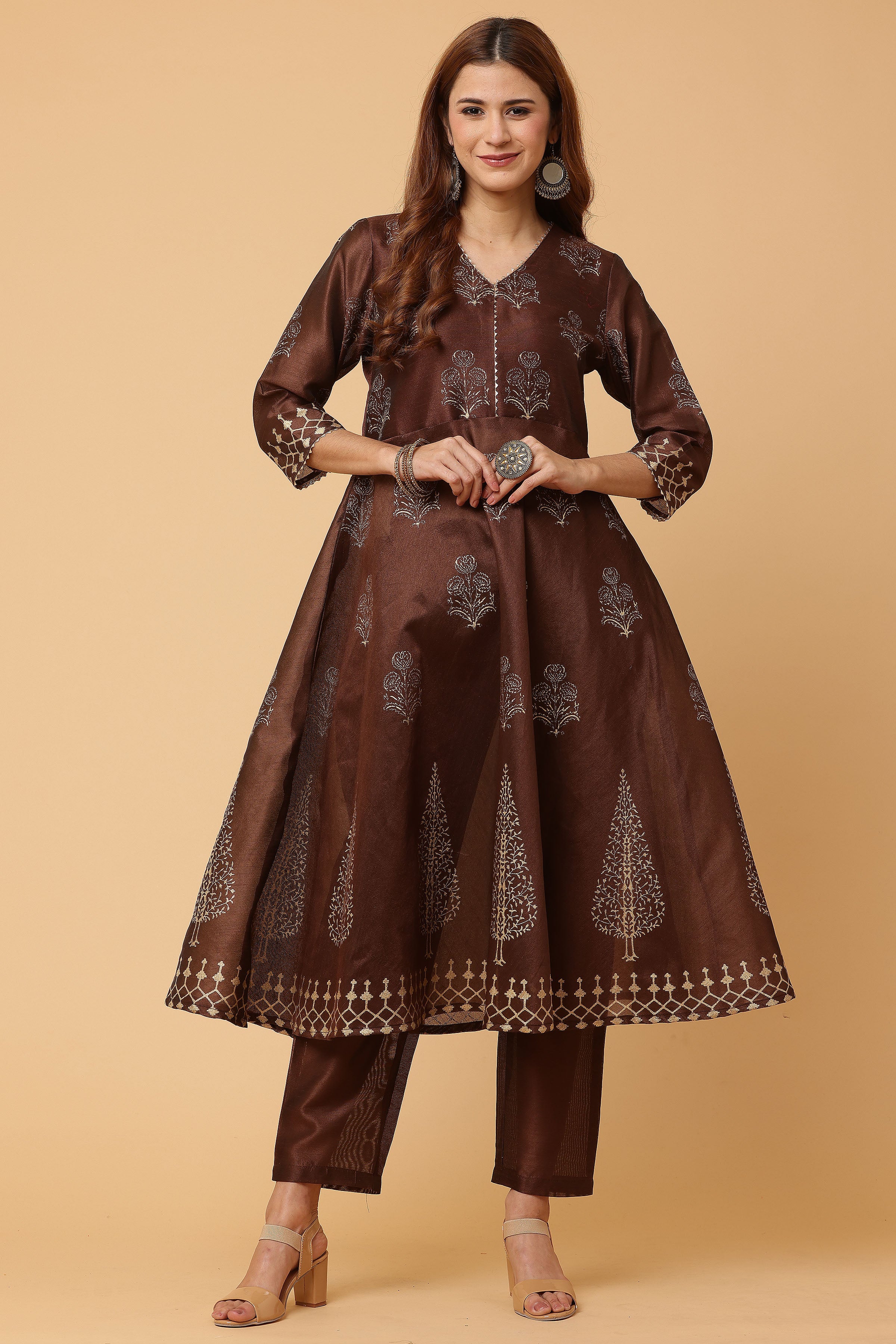 Kaanchie Nanggia Brown Flared Printed Kurta with Pant (Set of 2)