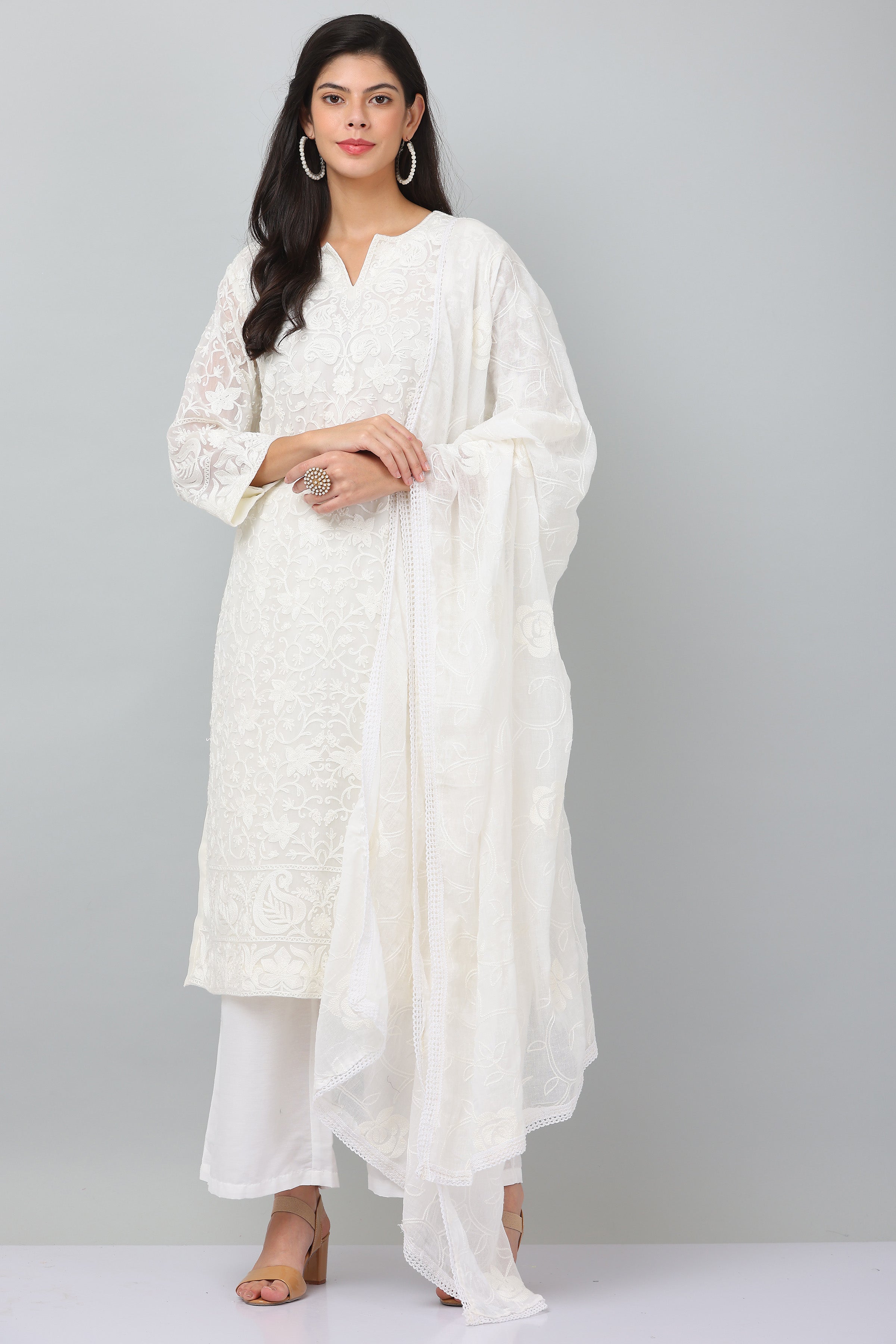 Kaanchie Nanggia White Georgette Embroidered Kurta & Dupatta with Pant (Set of 3)