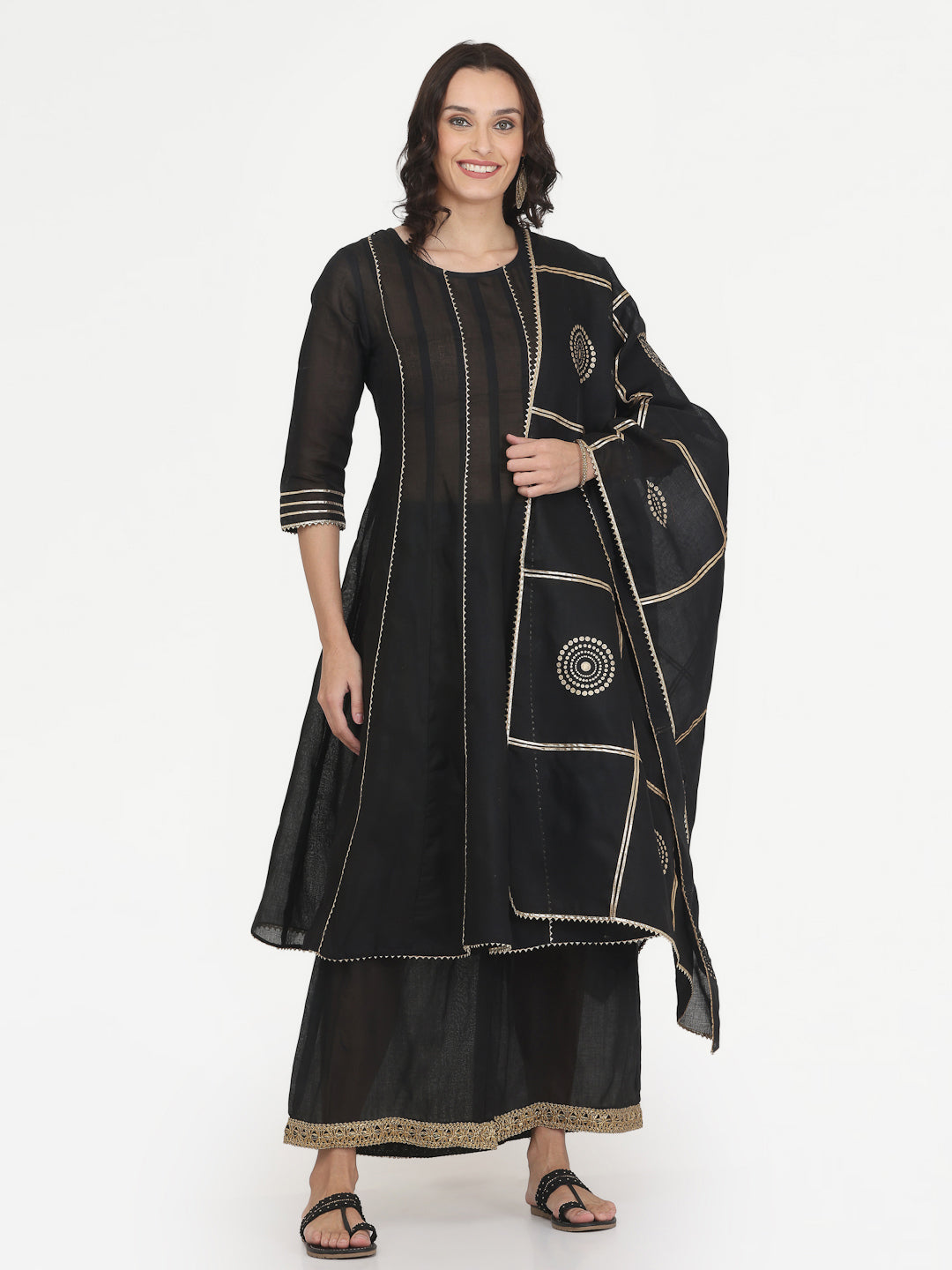 Kaanchie Nanggia Black Gota Work Kurta Pant with Printed Dupatta (Set of 3)