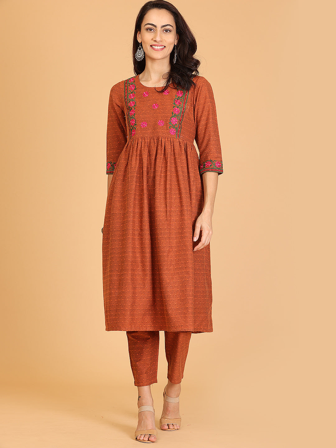 Kaanchie Nanggia Brown Embroidered Flayred Kurta with Pant (Set of 2)