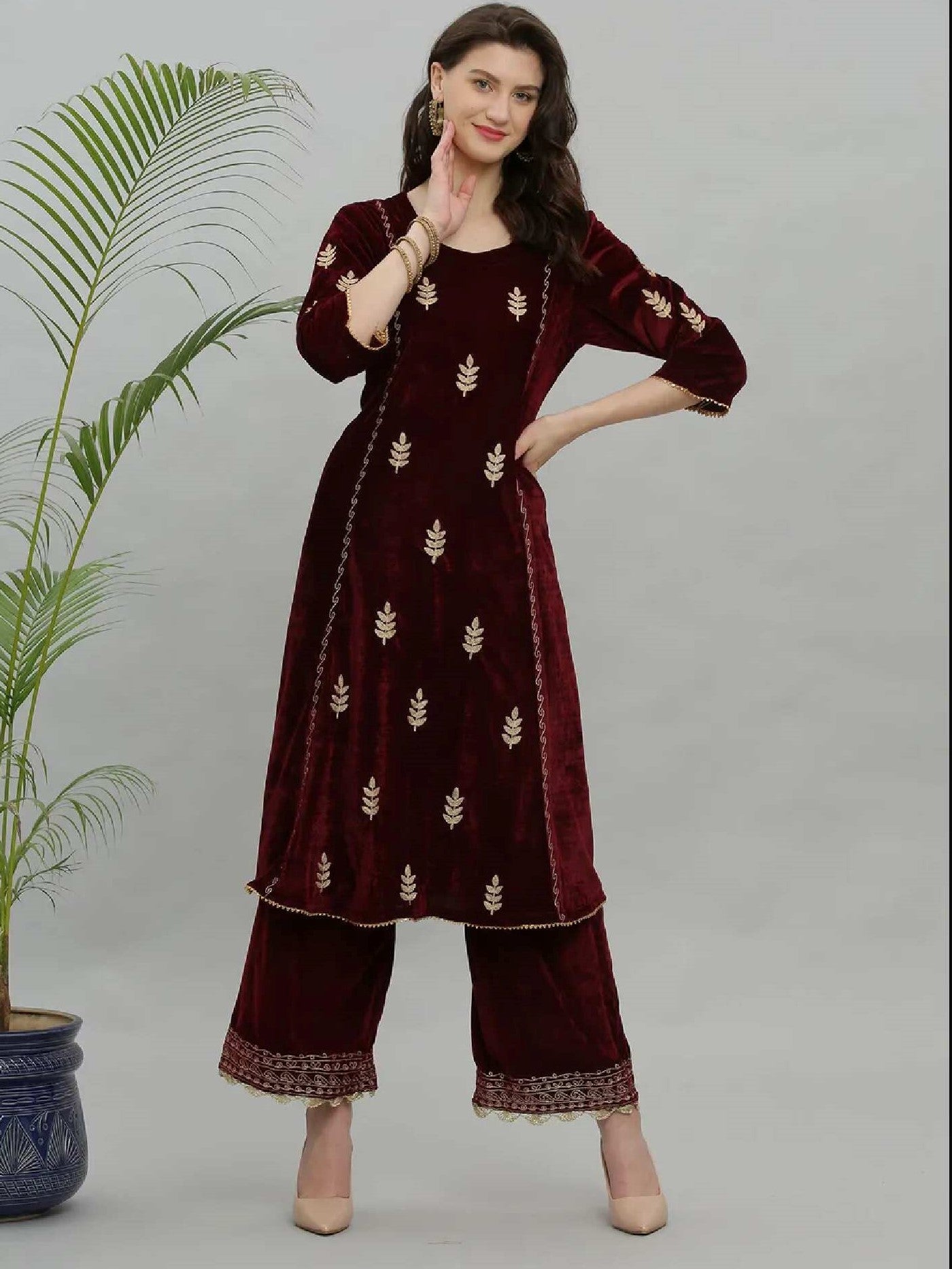 Kaanchie Nanggia Maroon Embroidery Velvet Kurta Pallazo - (Set of 2)