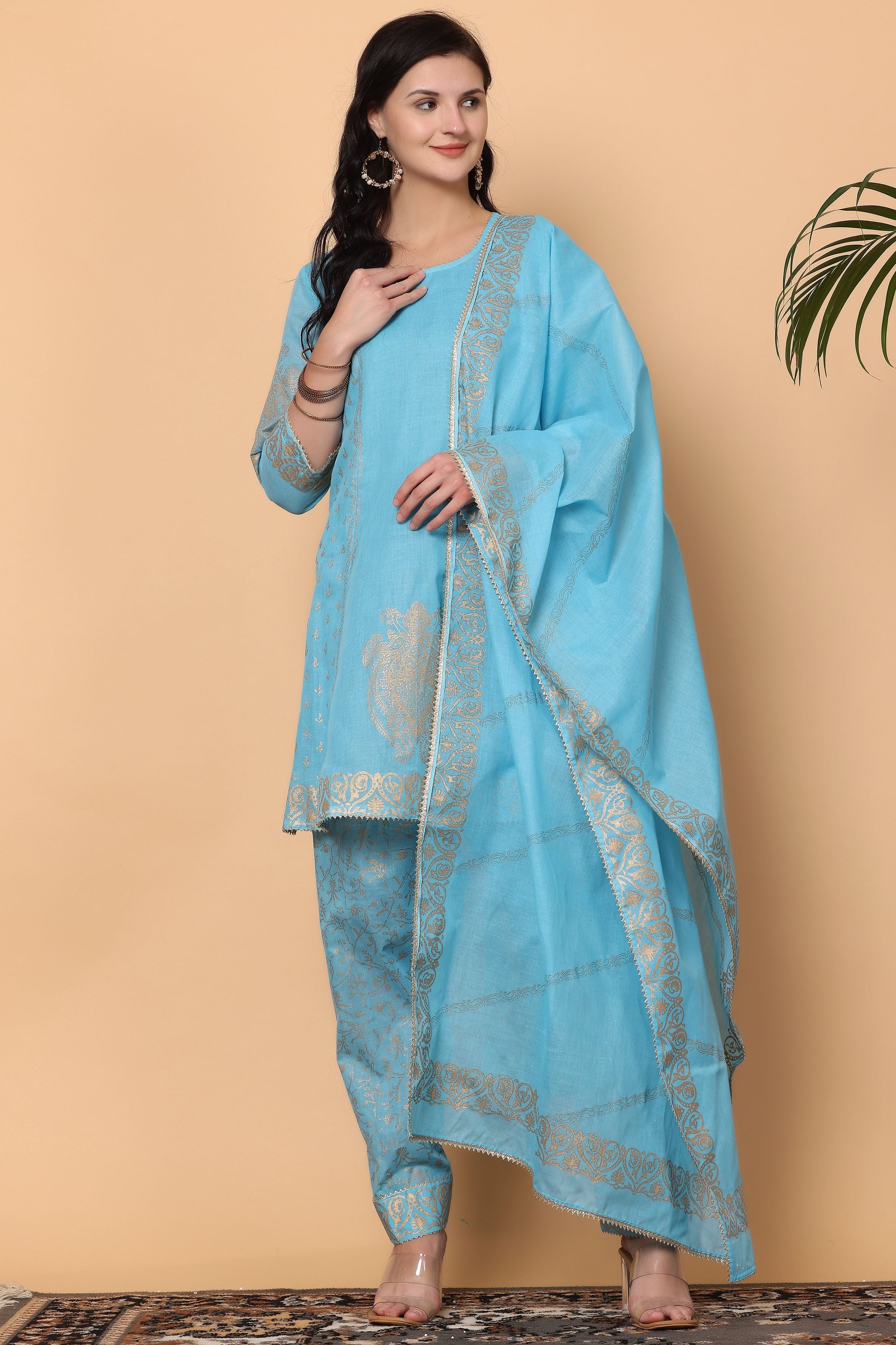 Kaanchie Nanggia Turquoise Printed Kurta Dupatta and Salwar (Set of 3)