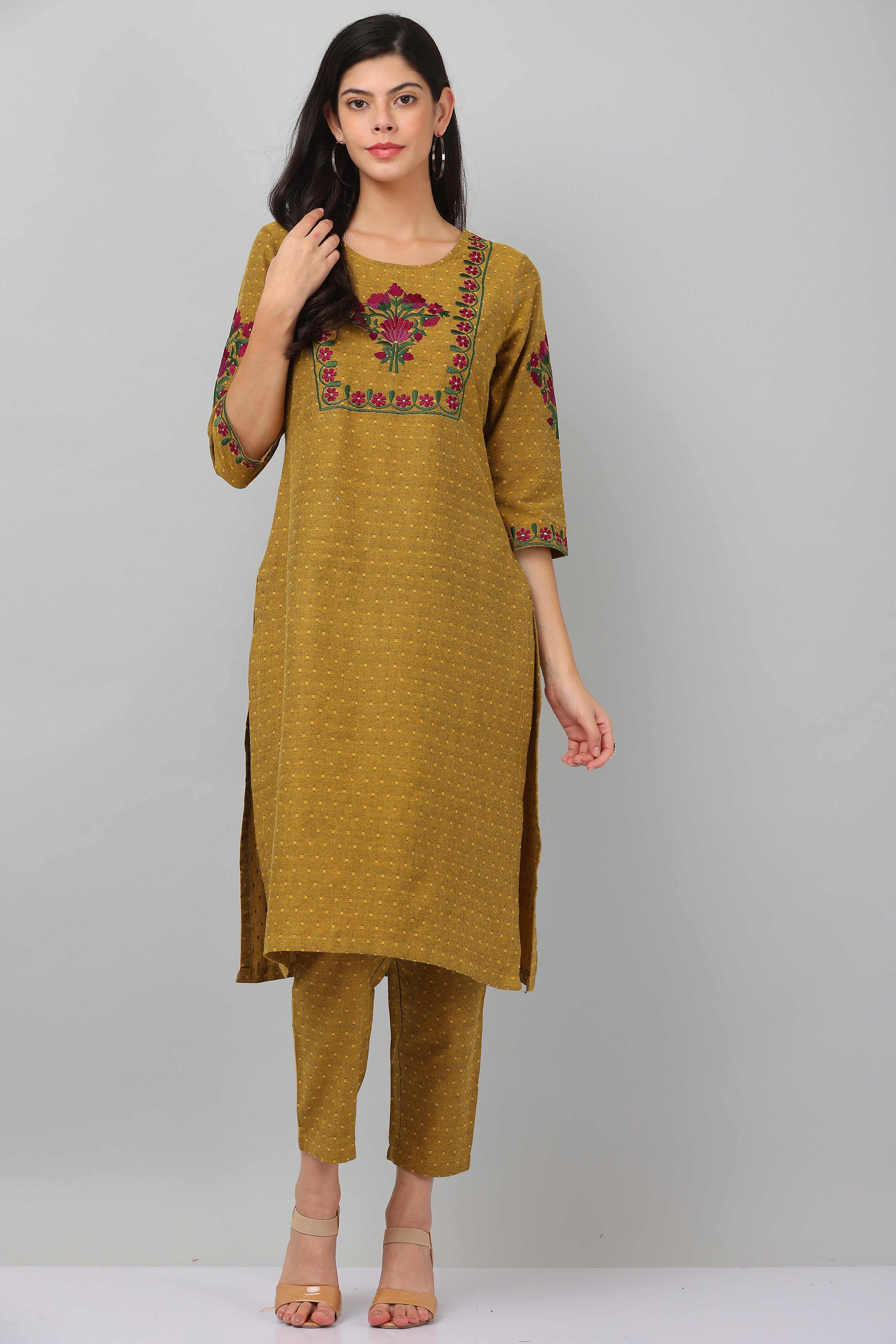 Kaanchie Nanggia Mustard Straight Kurta & Pants (Set of 2)