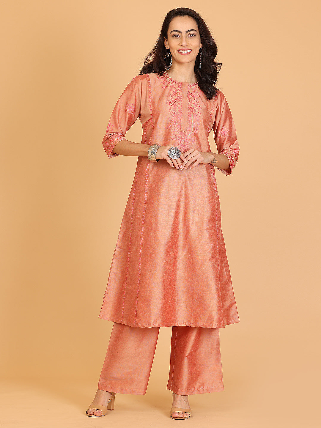Kaanchie Nanggia Dusty Peach Embroidered Cotton Silk Flayred Kurta and Palazzo (Set of 2)