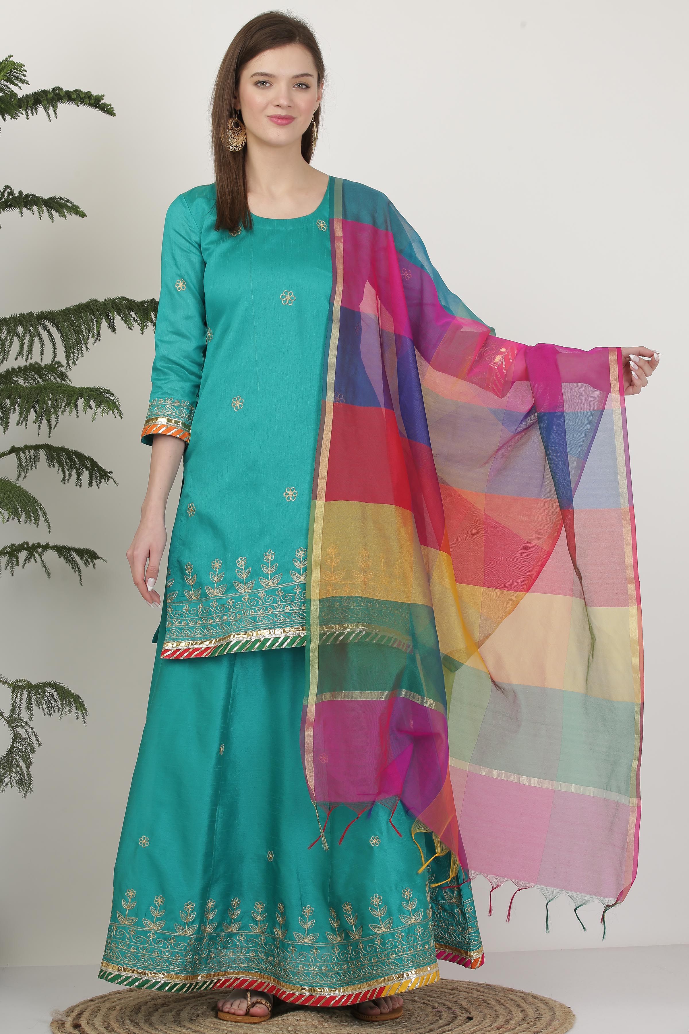 Kaanchie Nanggia Turquoise Blue Embroidered Thread Work Silk Ready to Wear Lehenga & Kurta With Dupatta (Set of 3)