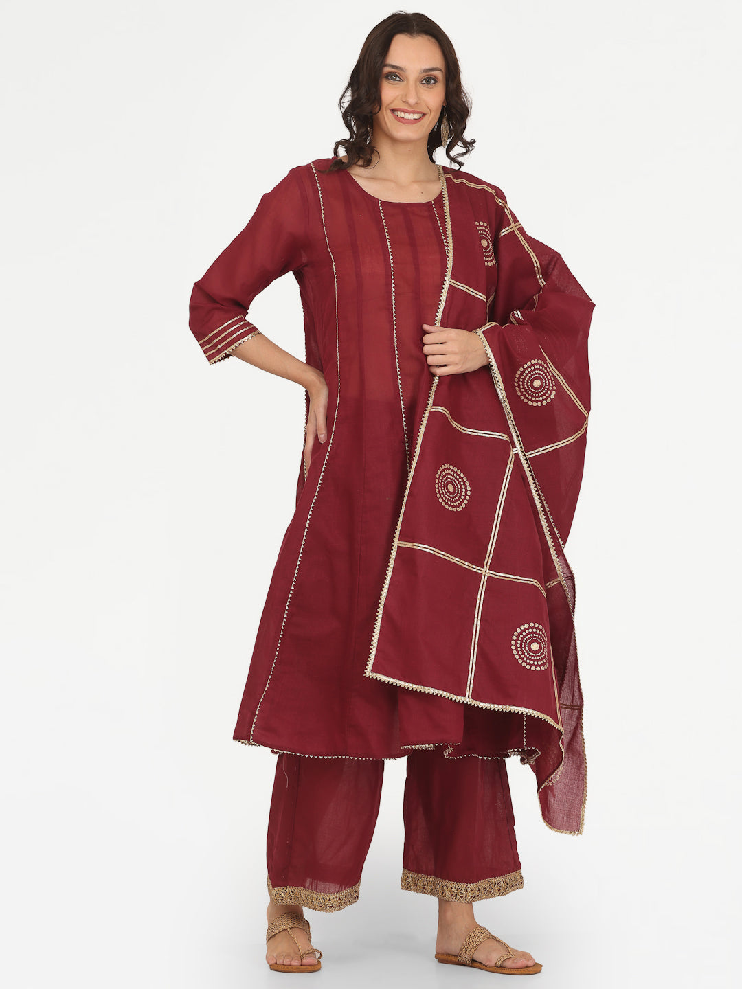 Kaanchie Nanggia Maroon Gota Work Kurta Pant with Printed Dupatta (Set of 3)