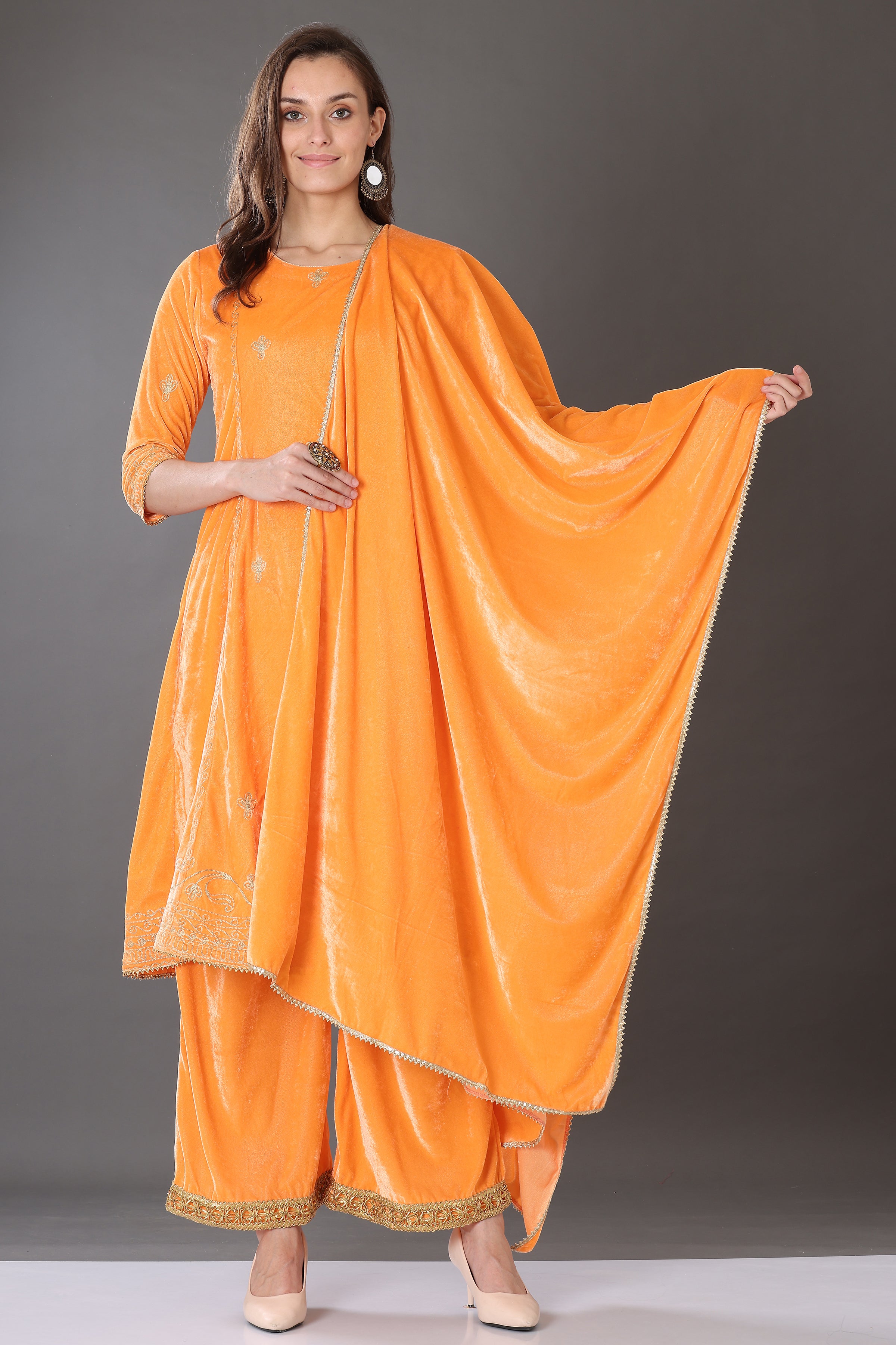Kaanchie Nanggia Orange Velvet Embroidered Kurta Palazzo and Dupatta (Set of 3)