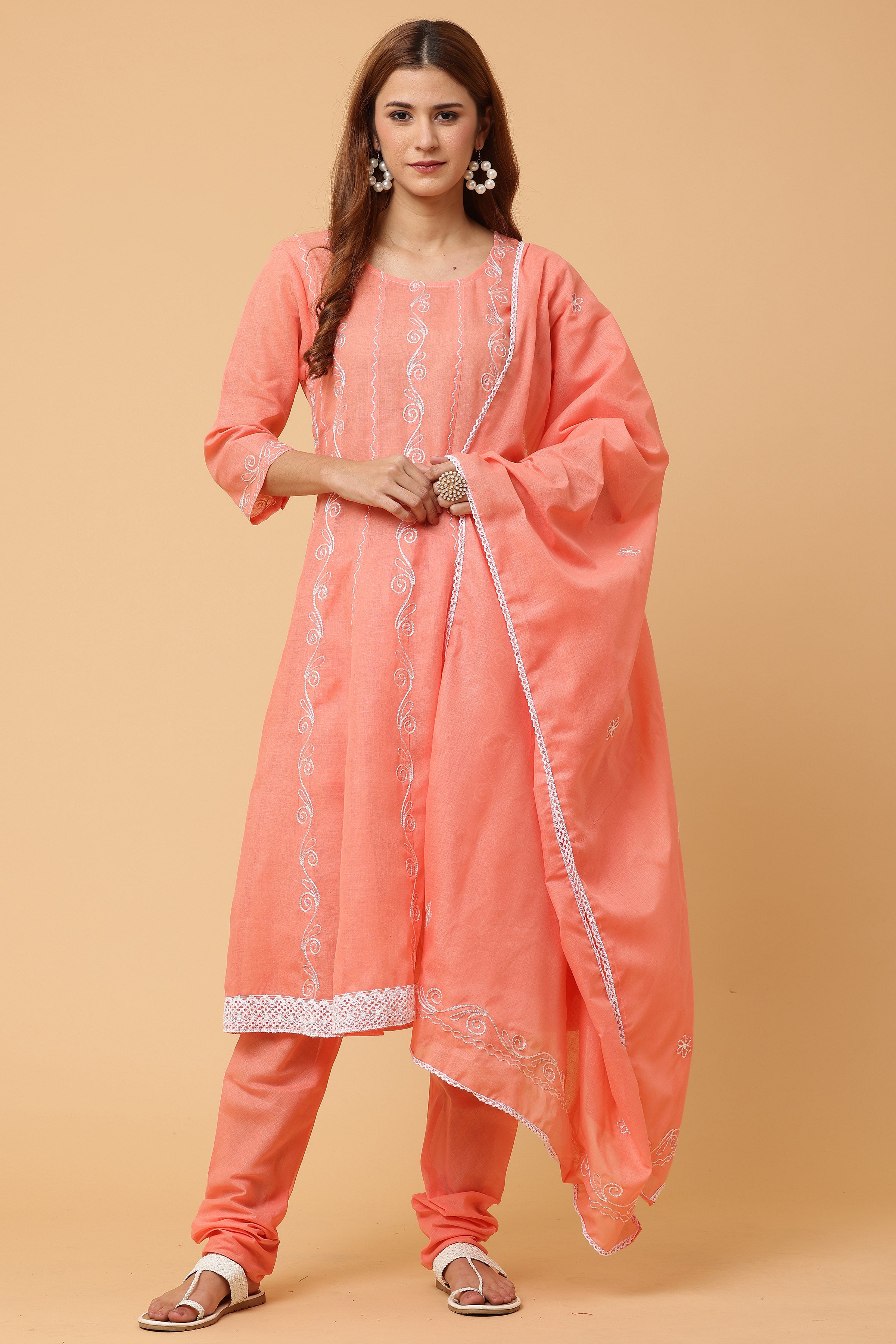 Kaanchie Nanggia Peach Kalidar Embroidered Kurta Chudidar with Dupatta (Set of 3)