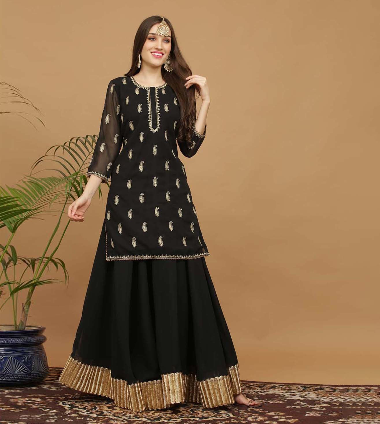 Kaanchie Nanggia Black Embroidery Georgette Kurta with Skirt (Set of 2)
