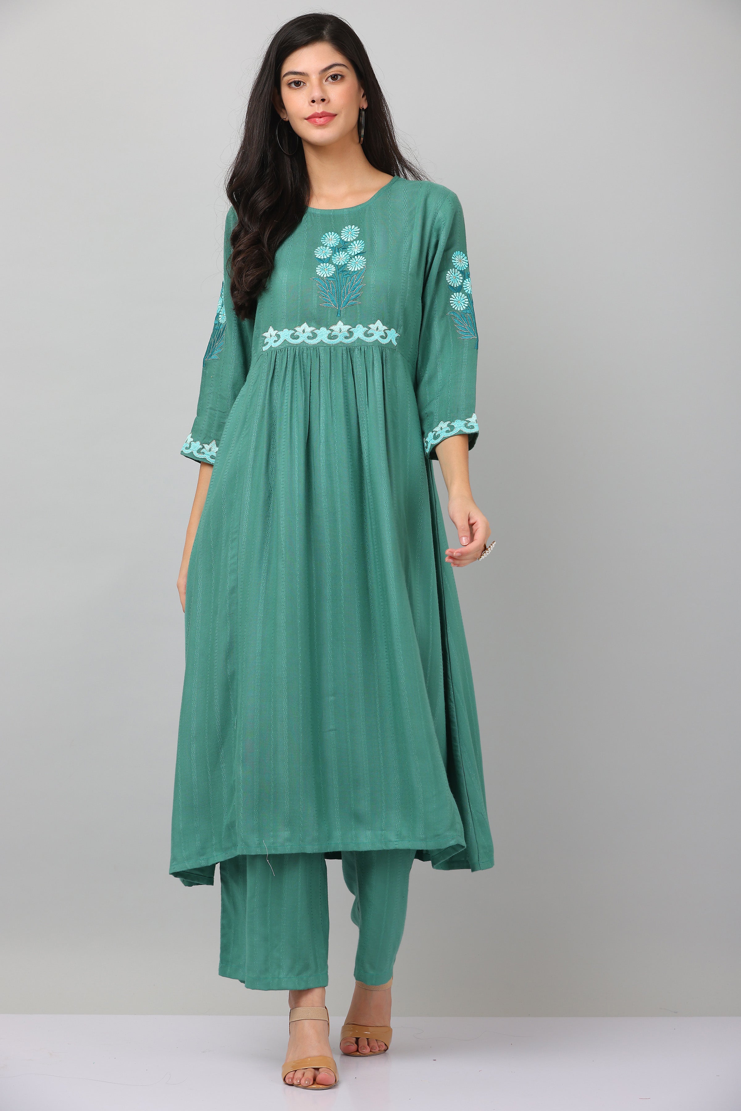 Kaanchie Nanggia Green Flared Kurta & Palazzo (Set of 2)