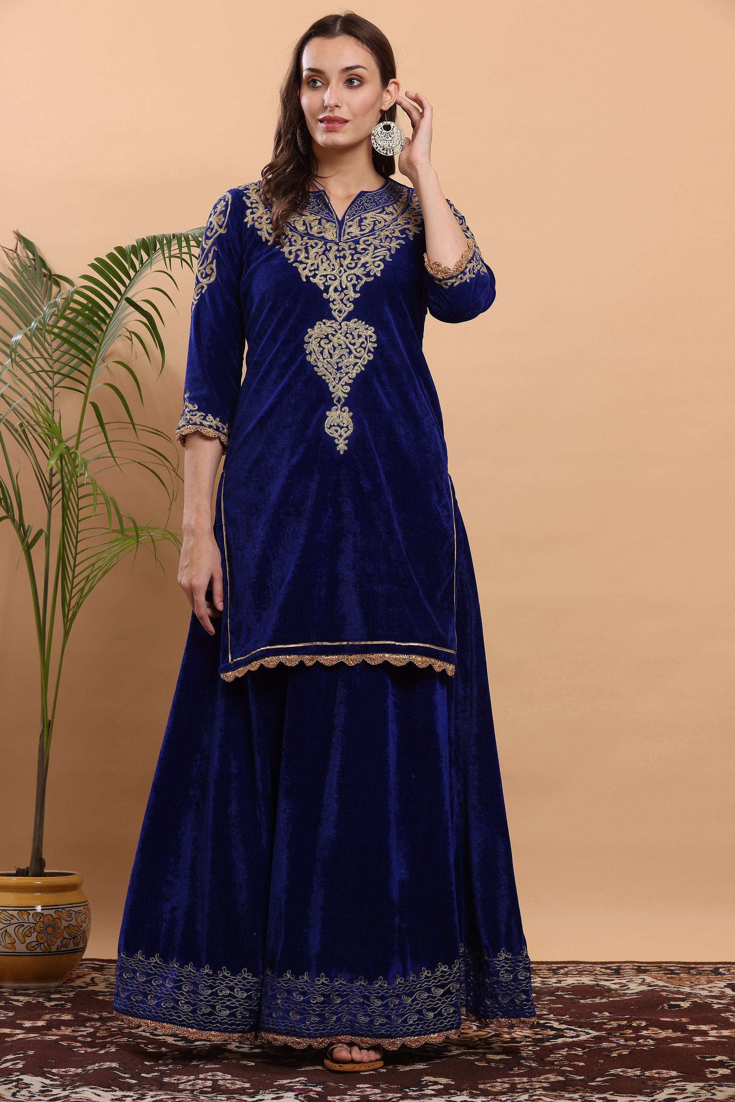 Kaanchie Nanggia Royal Blue Embroidered Kurta Lehenga (Set of 2)
