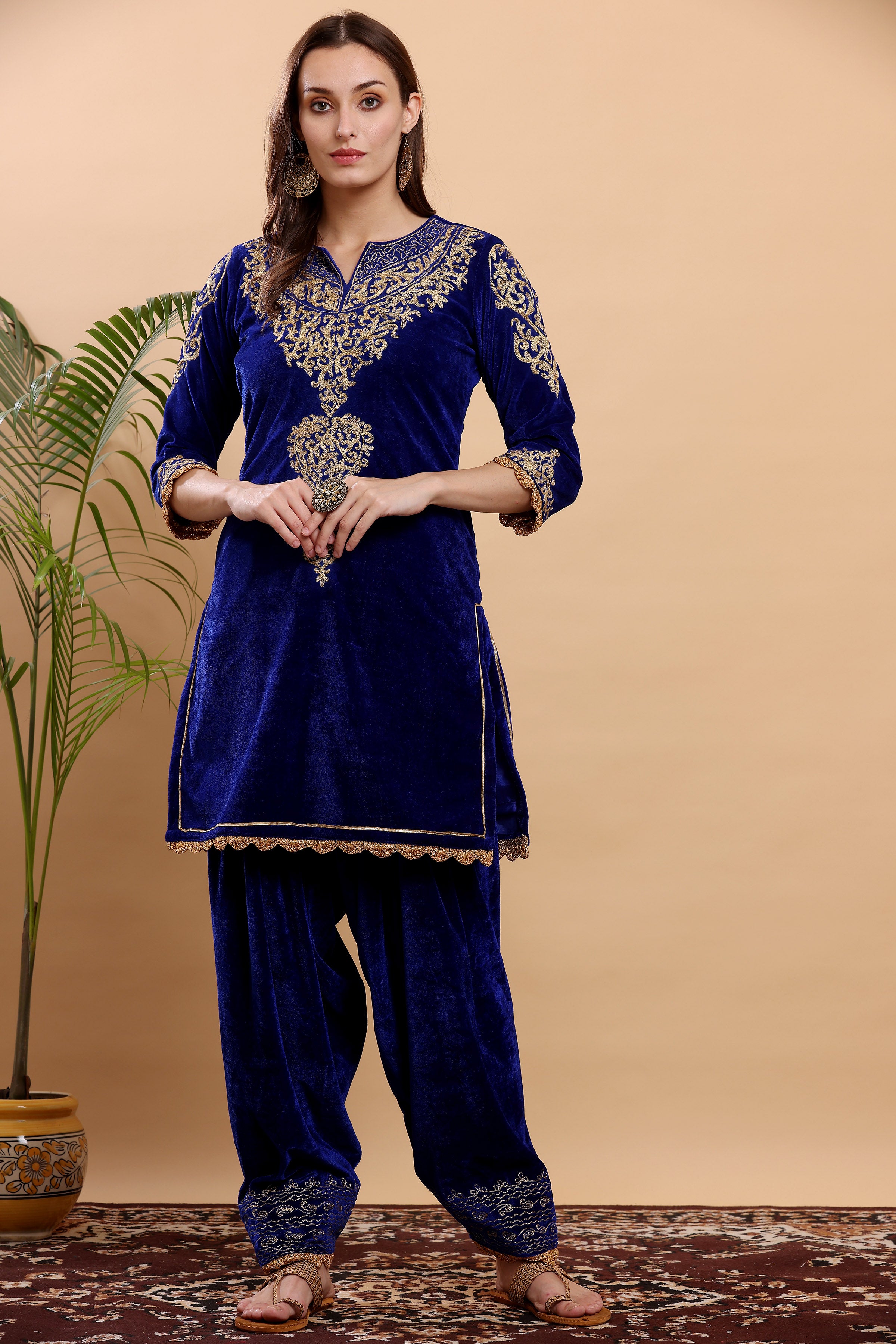 Kaanchie Nanggia Royal Blue Embroidered Kurta Salwar (Set of 2)