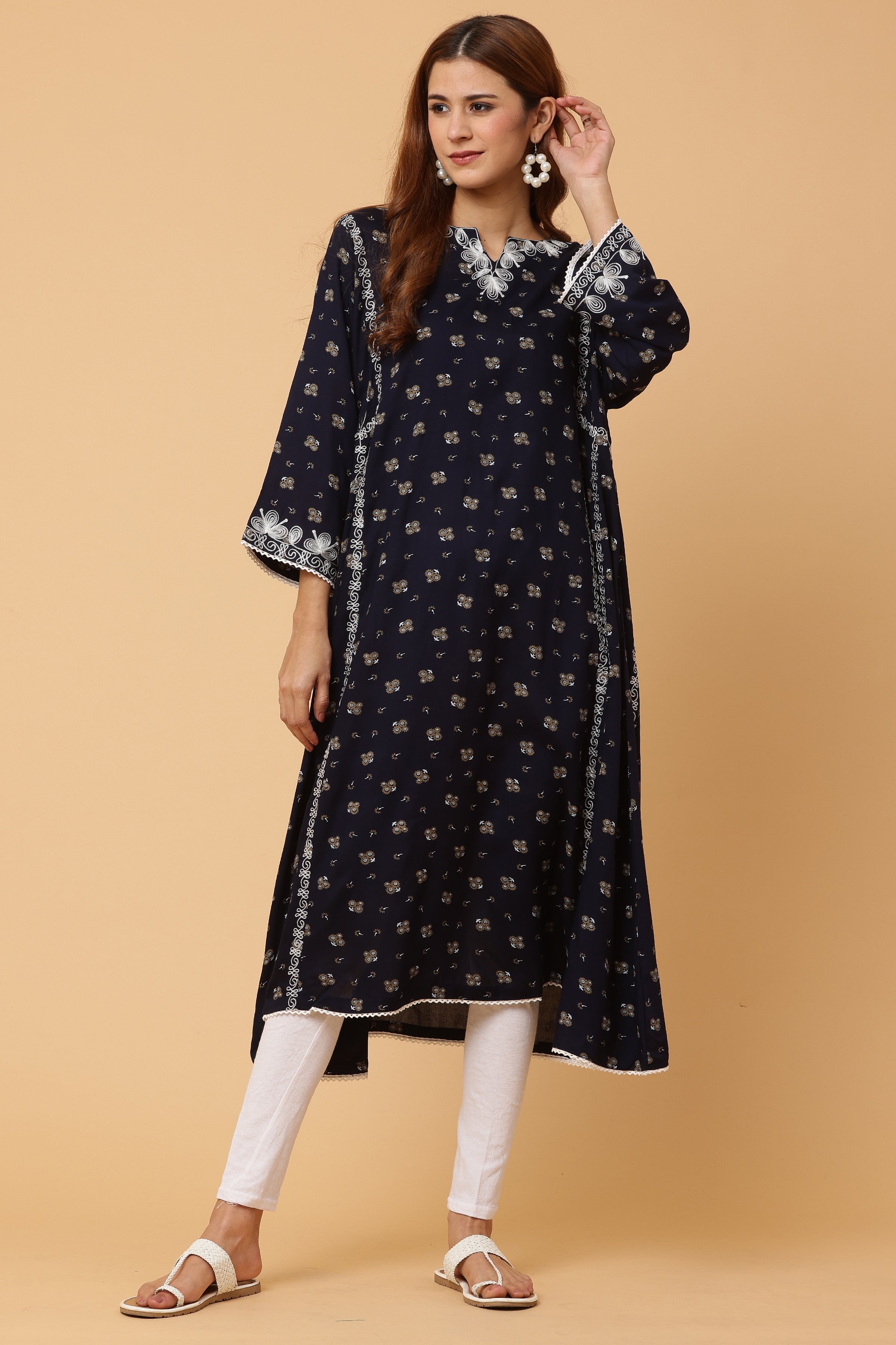 Kaanchie Nanggia Navy Blue Embroidered Flared Kurta with Leggings (Set of 2)