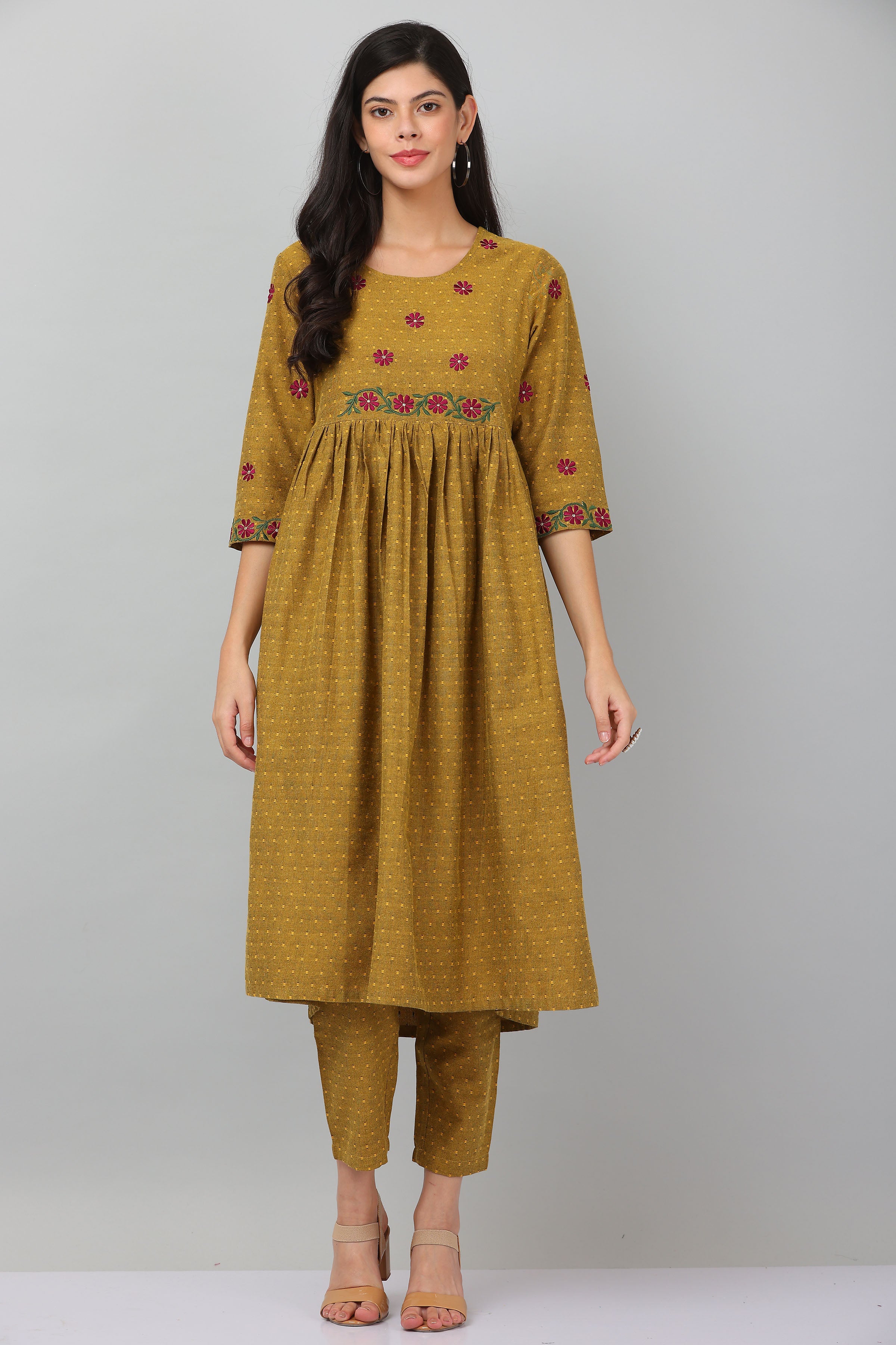 Kaanchie Nanggia Mustard Flared Kurta & Pants (Set of 2)