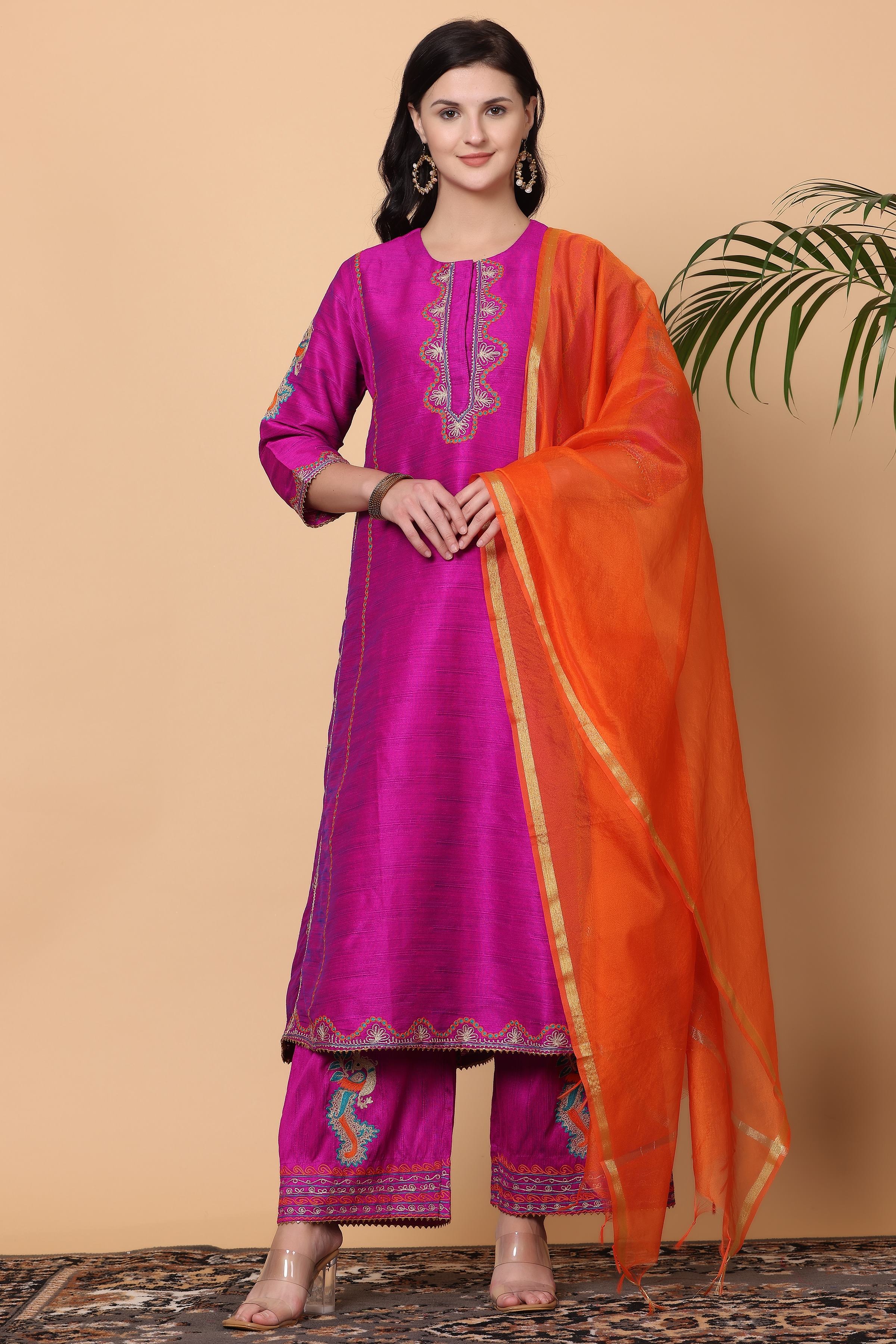 Kaanchie Nanggia Pink Embroidered Kurta Palazzo with Orange Dupatta (Set of 3)