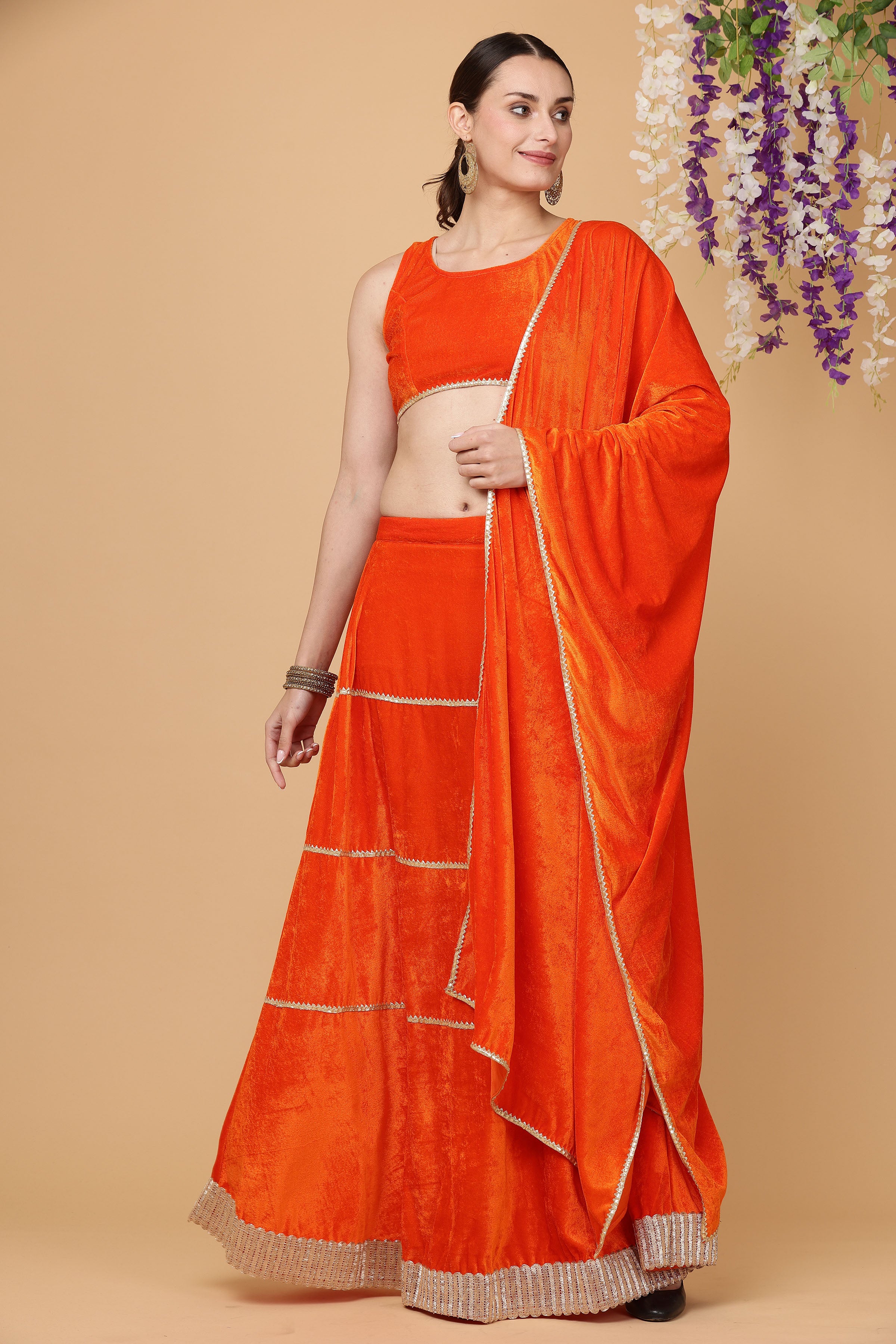Kaanchie Nanggia Orange velvet skirt blouse with dupatta