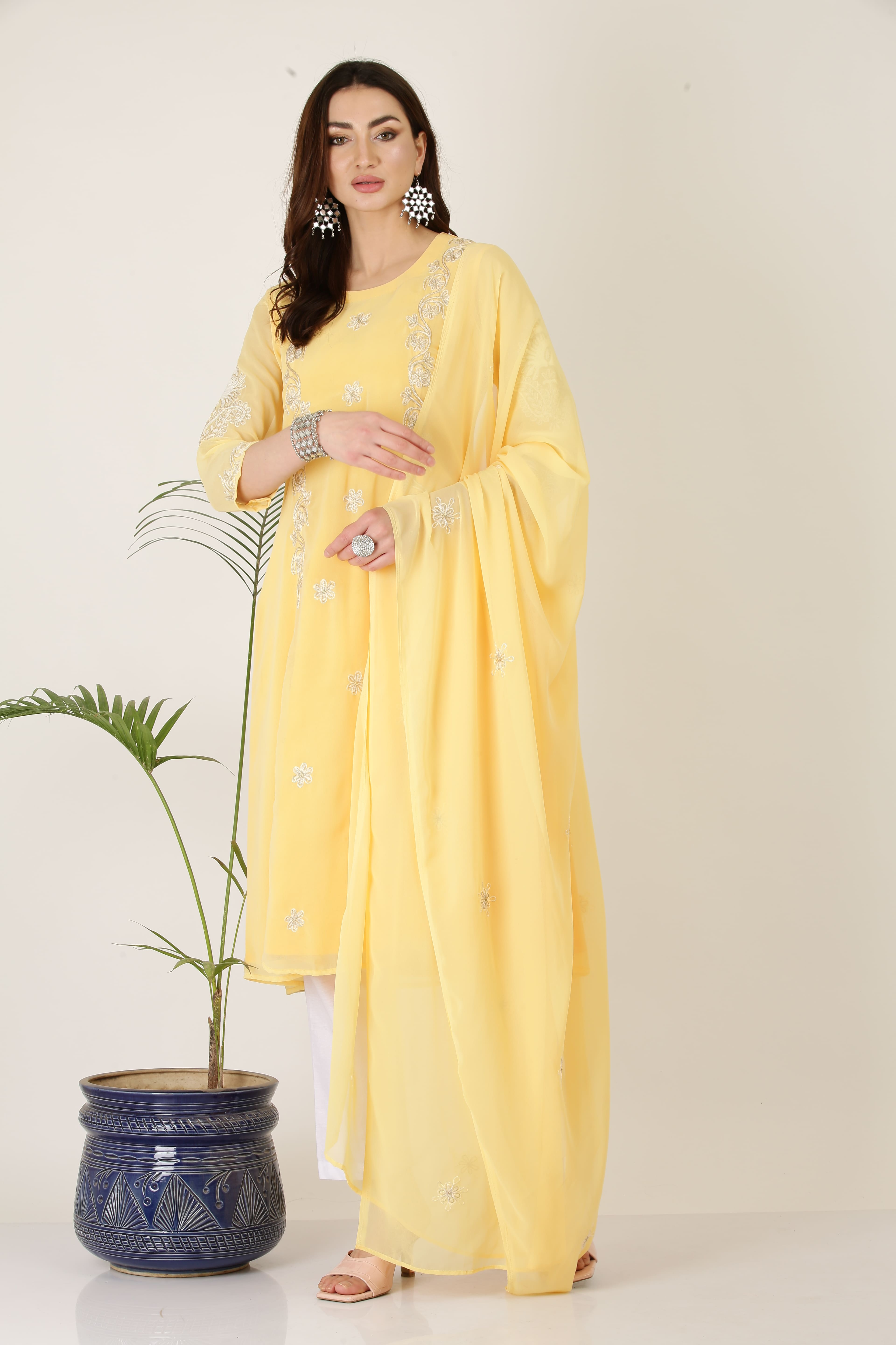 Kaanchie Nanggia Yellow Georgette Kurta Pant Dupatta (Set of 3)