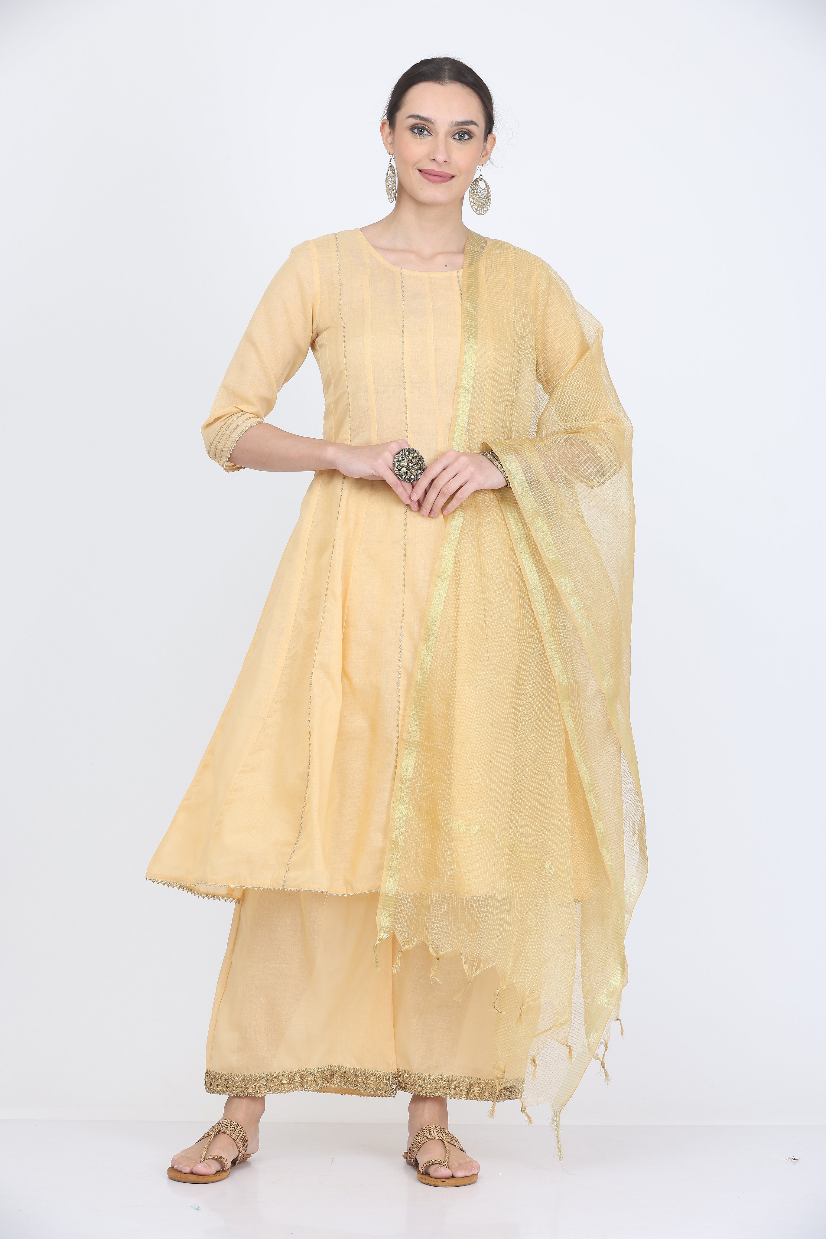 Kaanchie Nanggia Beige Gota Work Kurta Palazzo with Dupatta (Set of 3)