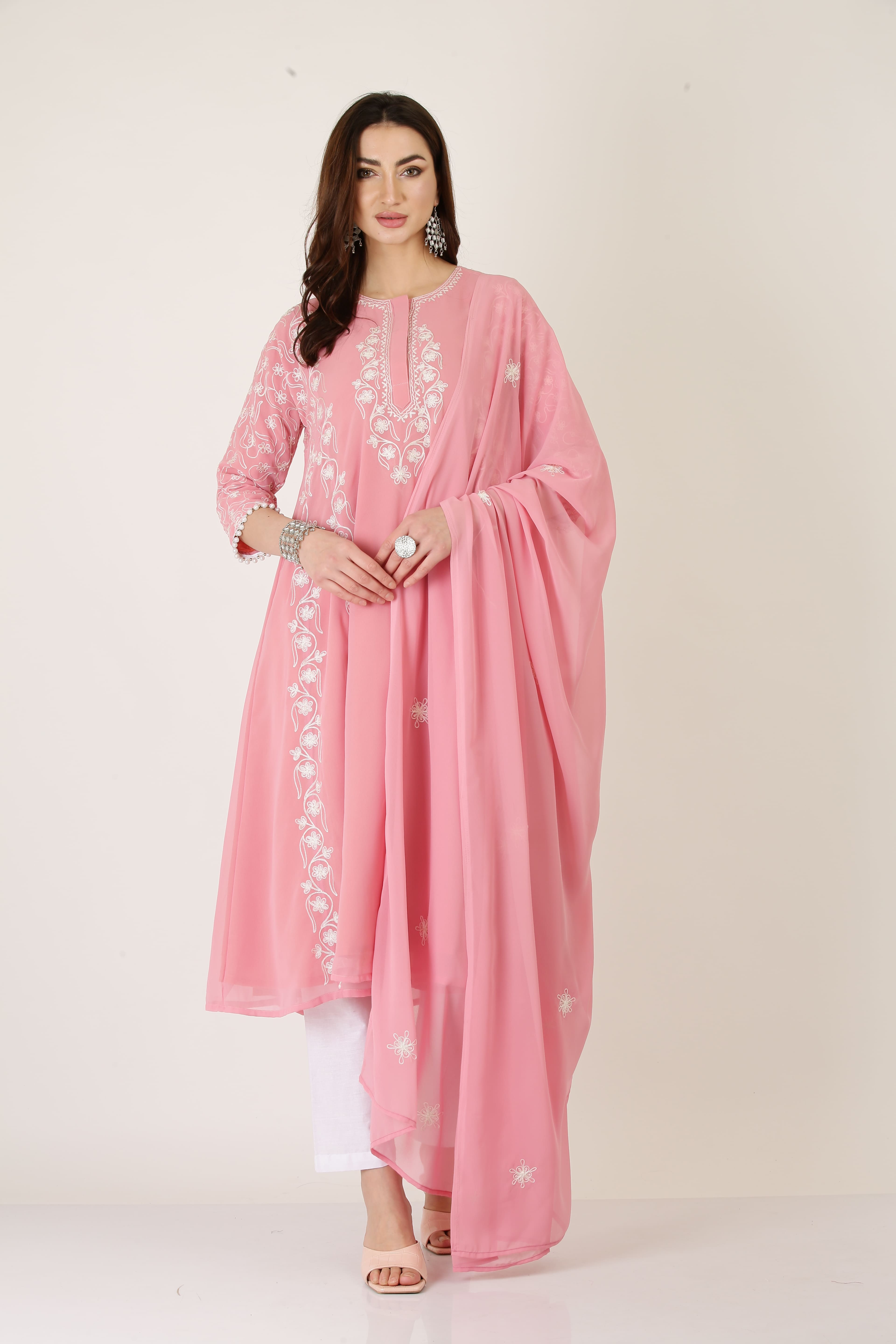 Kaanchie Nanggia Heavy Embroidered Pink Georgette Kurta Pant Dupatta (Set of 3)