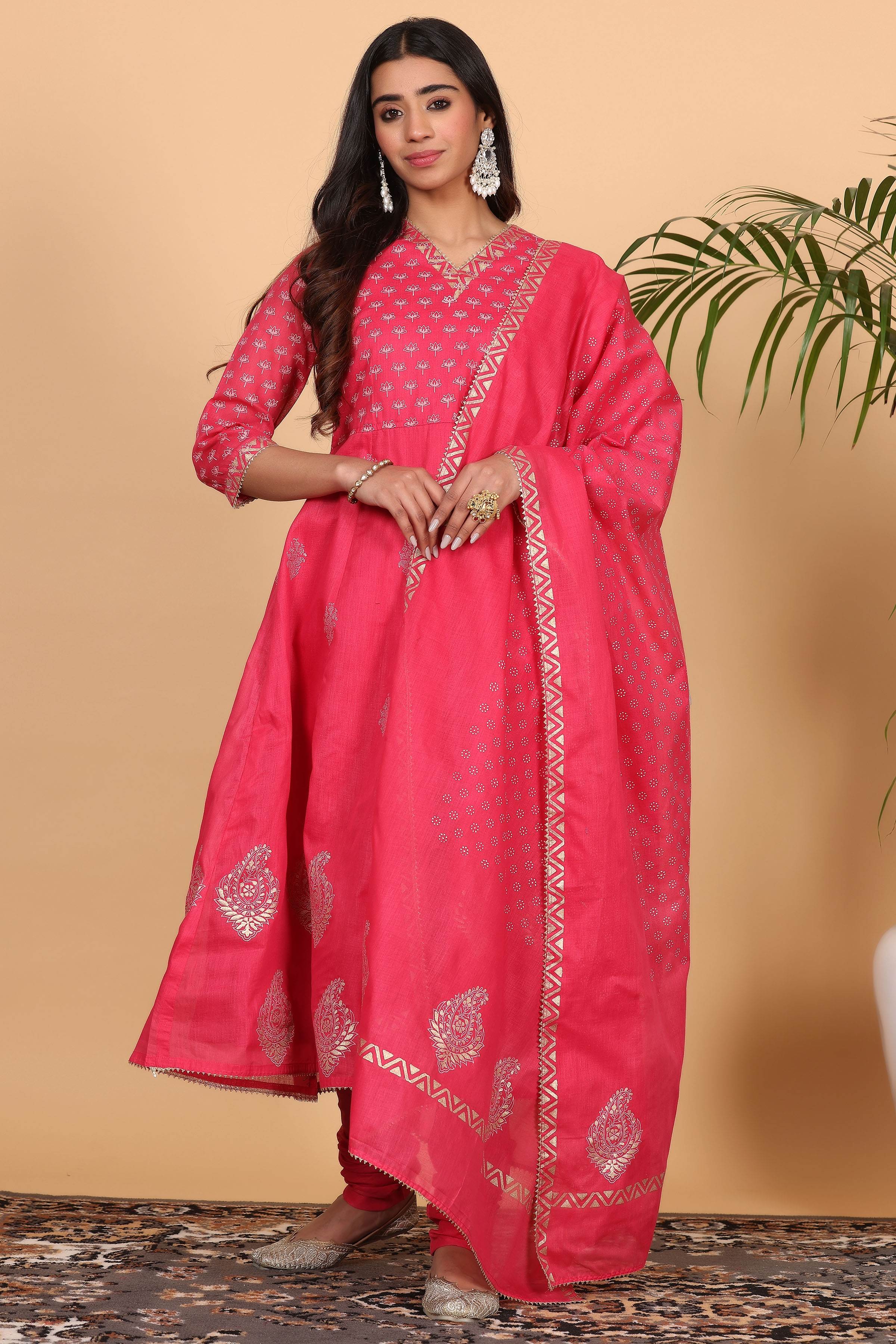 Kaanchie Nanggia Pink Printed Anarkali Kurta Dupatta with Churidar (Set of 3)