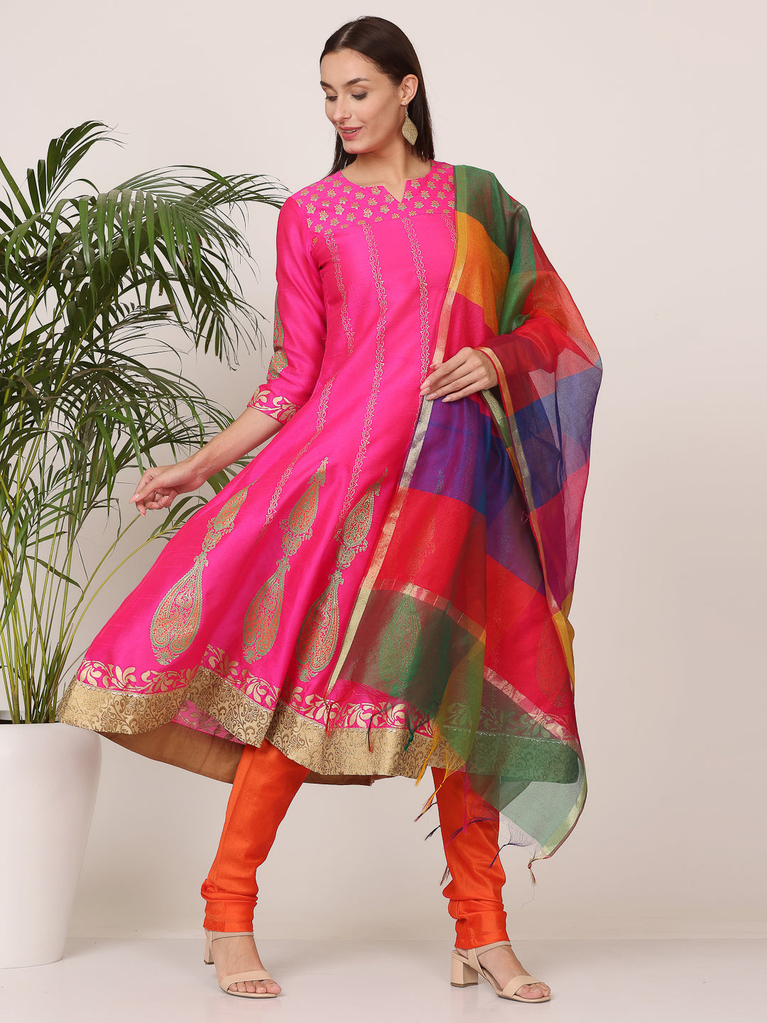 Kaanchie Nanggia Pink Silk Printed Anarkali Churidar with Dupatta (Set of 3)