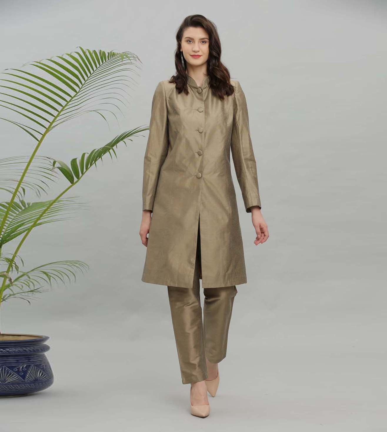 Kaanchie Nanggia Mud Brown Solid Jacket Kurta And Pant - (Set of 2)