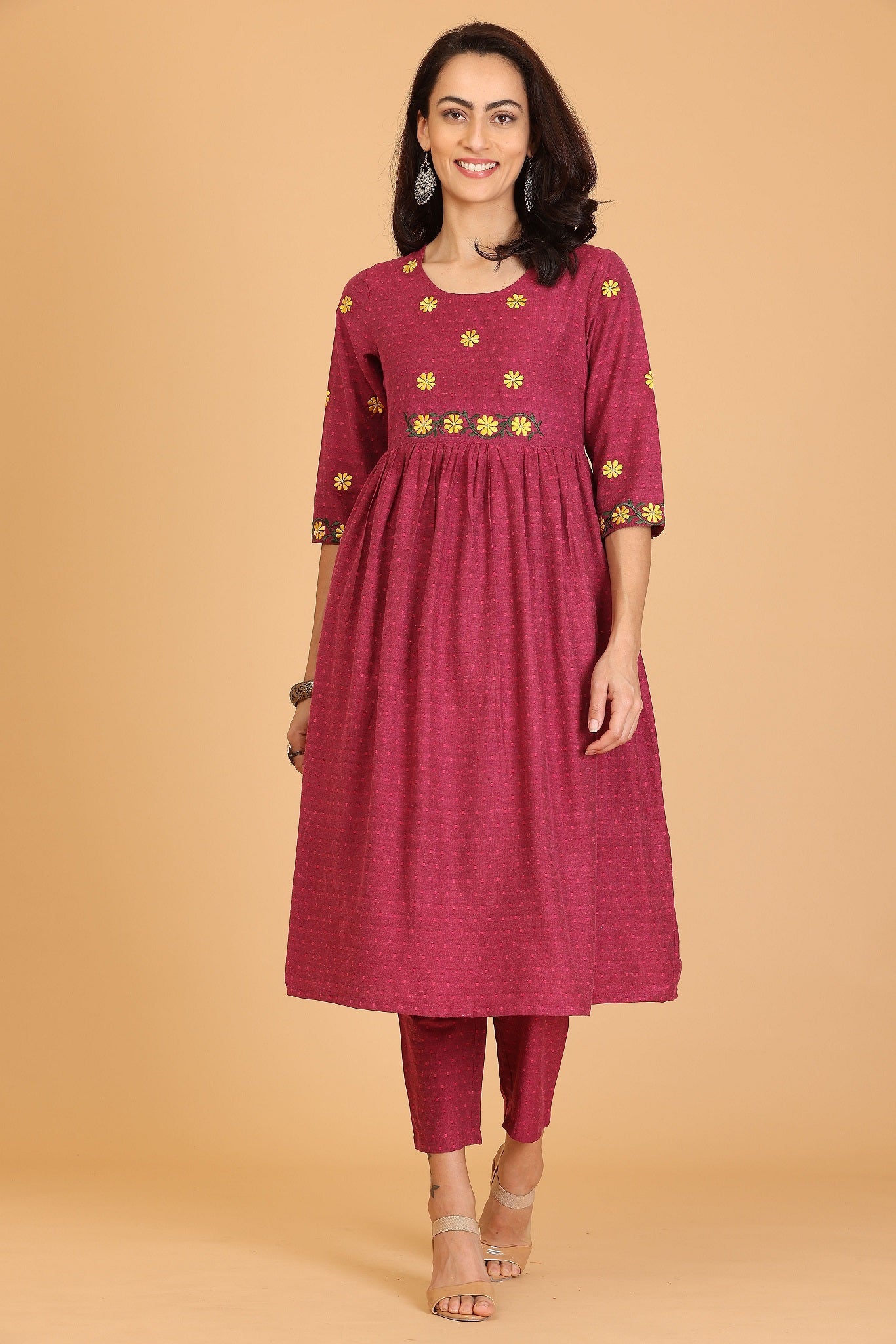 Kaanchie Nanggia Red Embroidered Flayred Kurta with Pant (Set of 2)