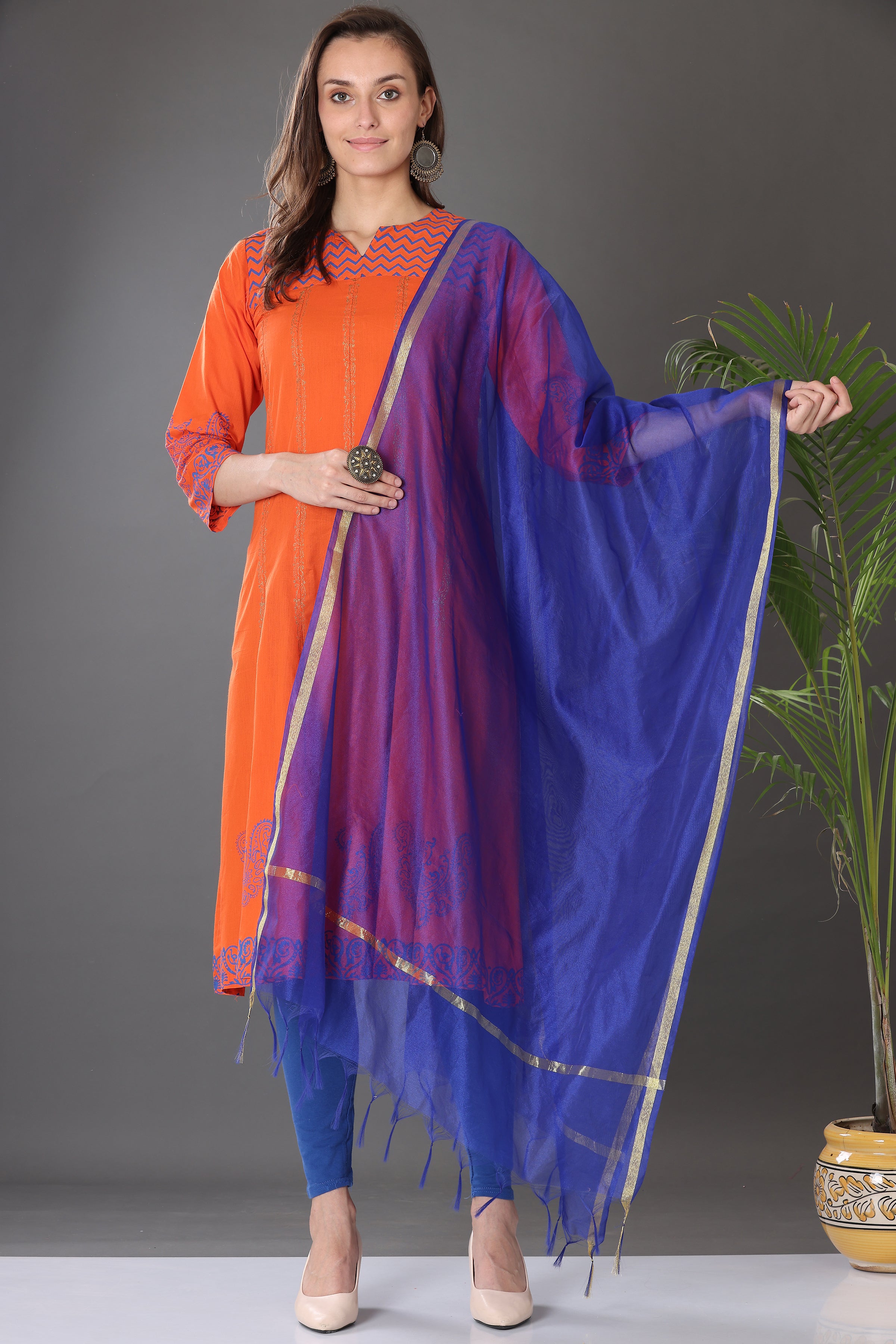 Kaanchie Nanggia Orange Block Printed Anarkali with Leggings and Dupatta (Set of 3)