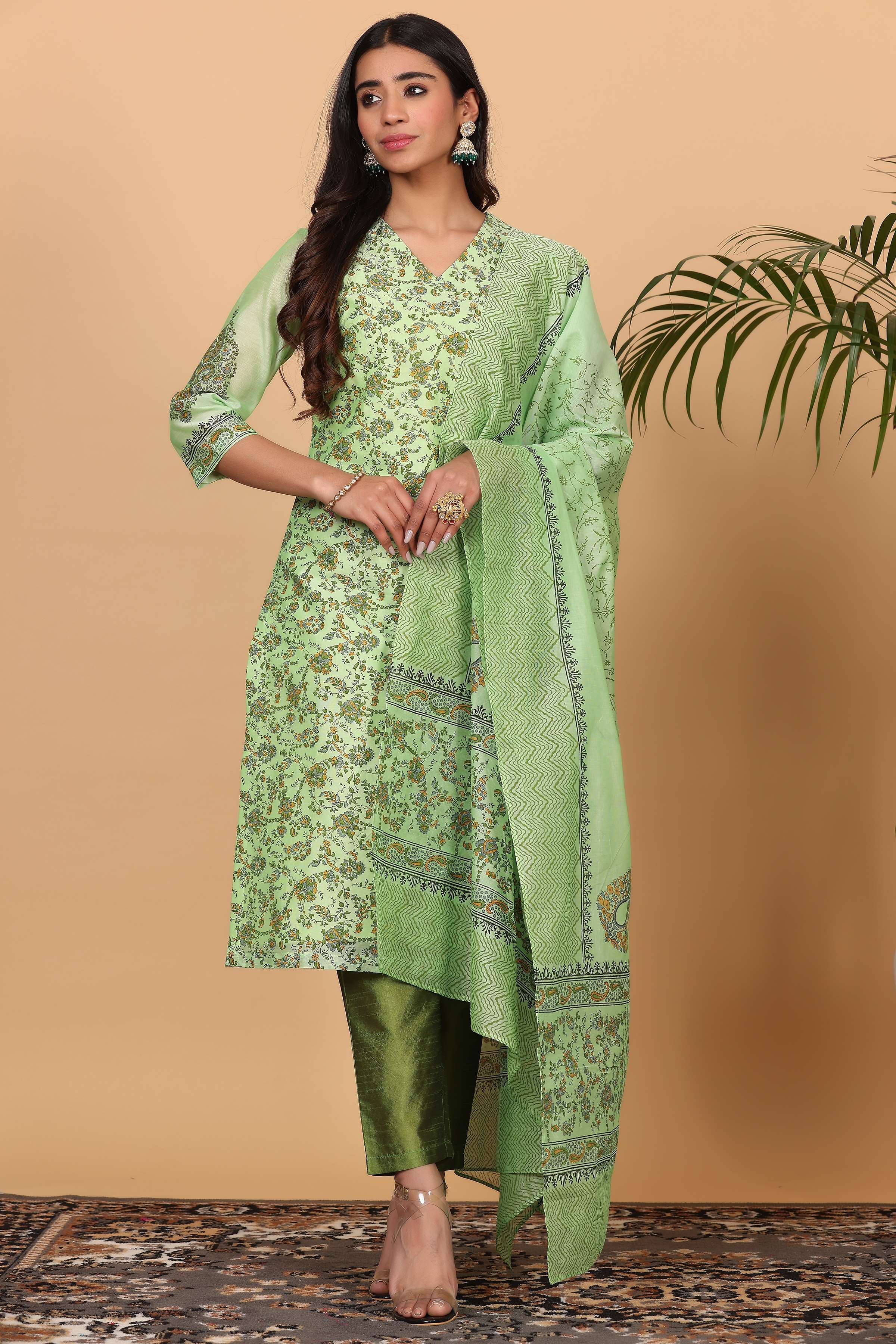Kaanchie Nanggia Lite Green Chanderi Printed Kurta Dupatta with Pants (Set of 3)
