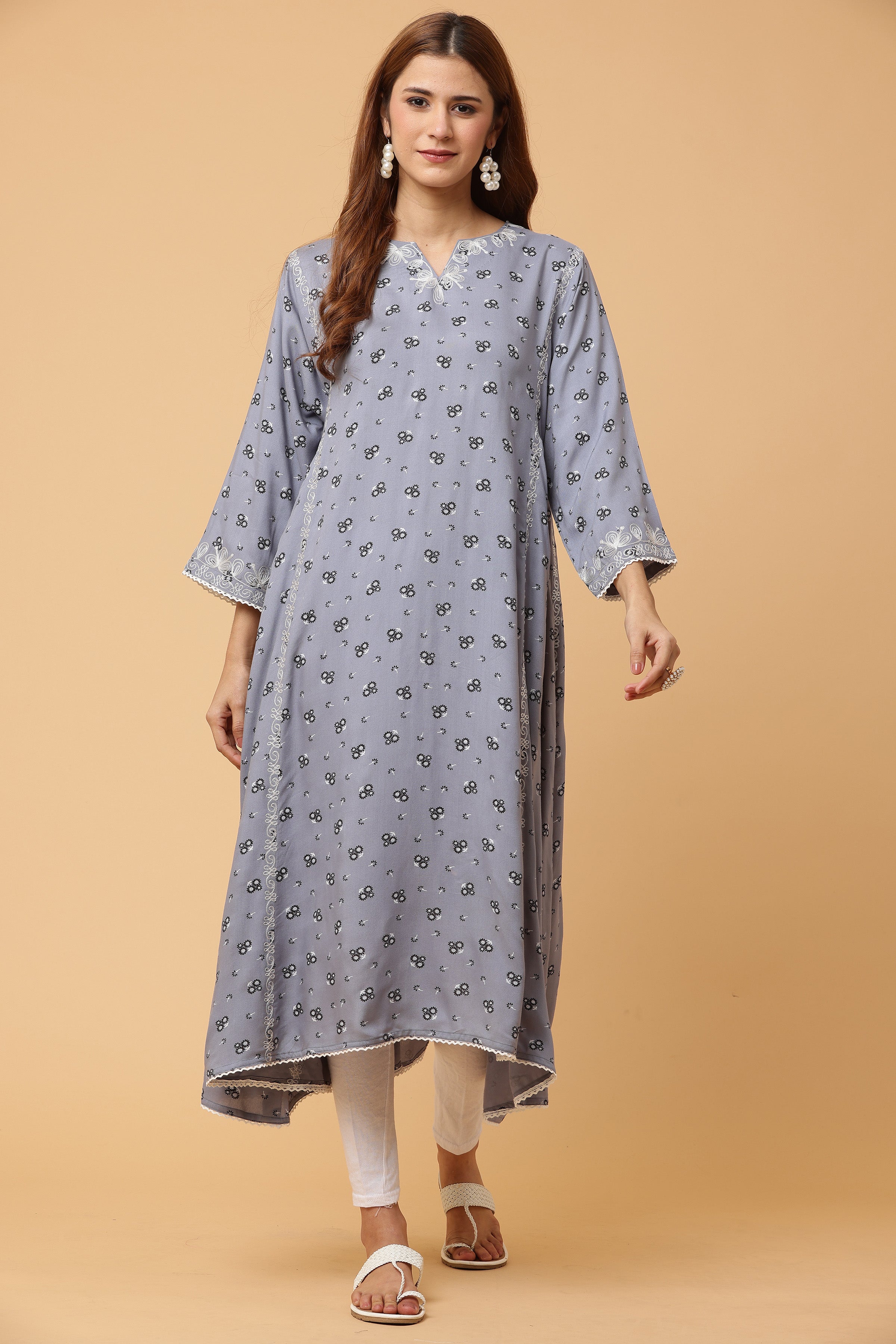 Kaanchie Nanggia Grey Embroidered Flared Kurta with Leggings (Set of 2)