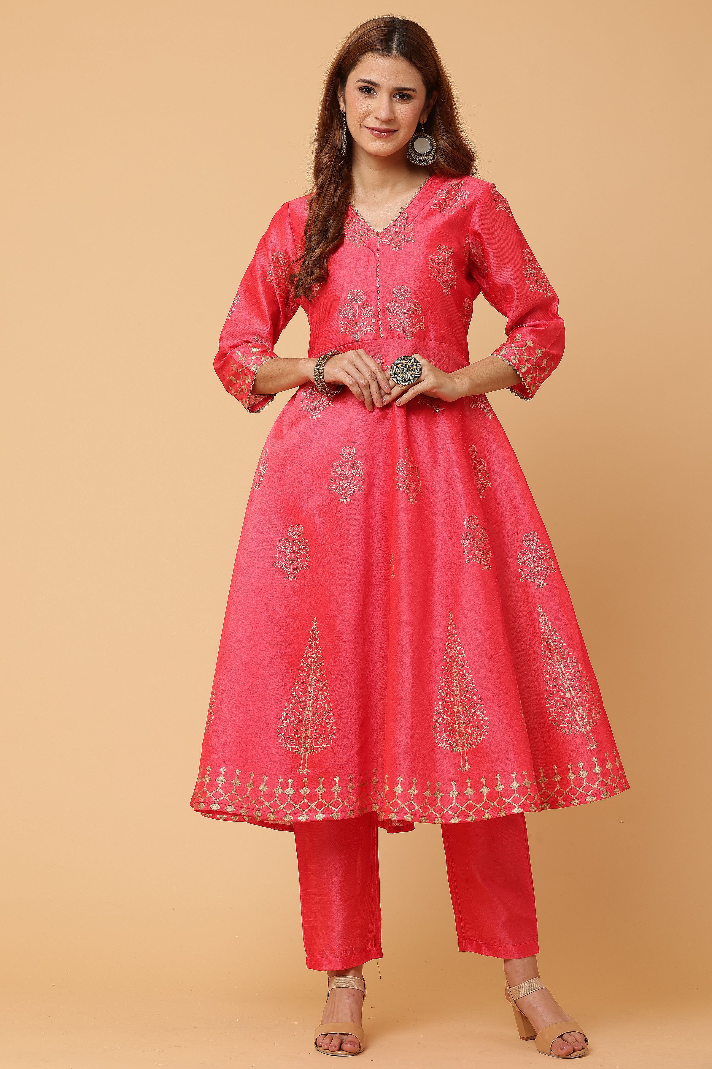 Kaanchie Nanggia Pink Flared Printed Kurta with Pant (Set of 2)