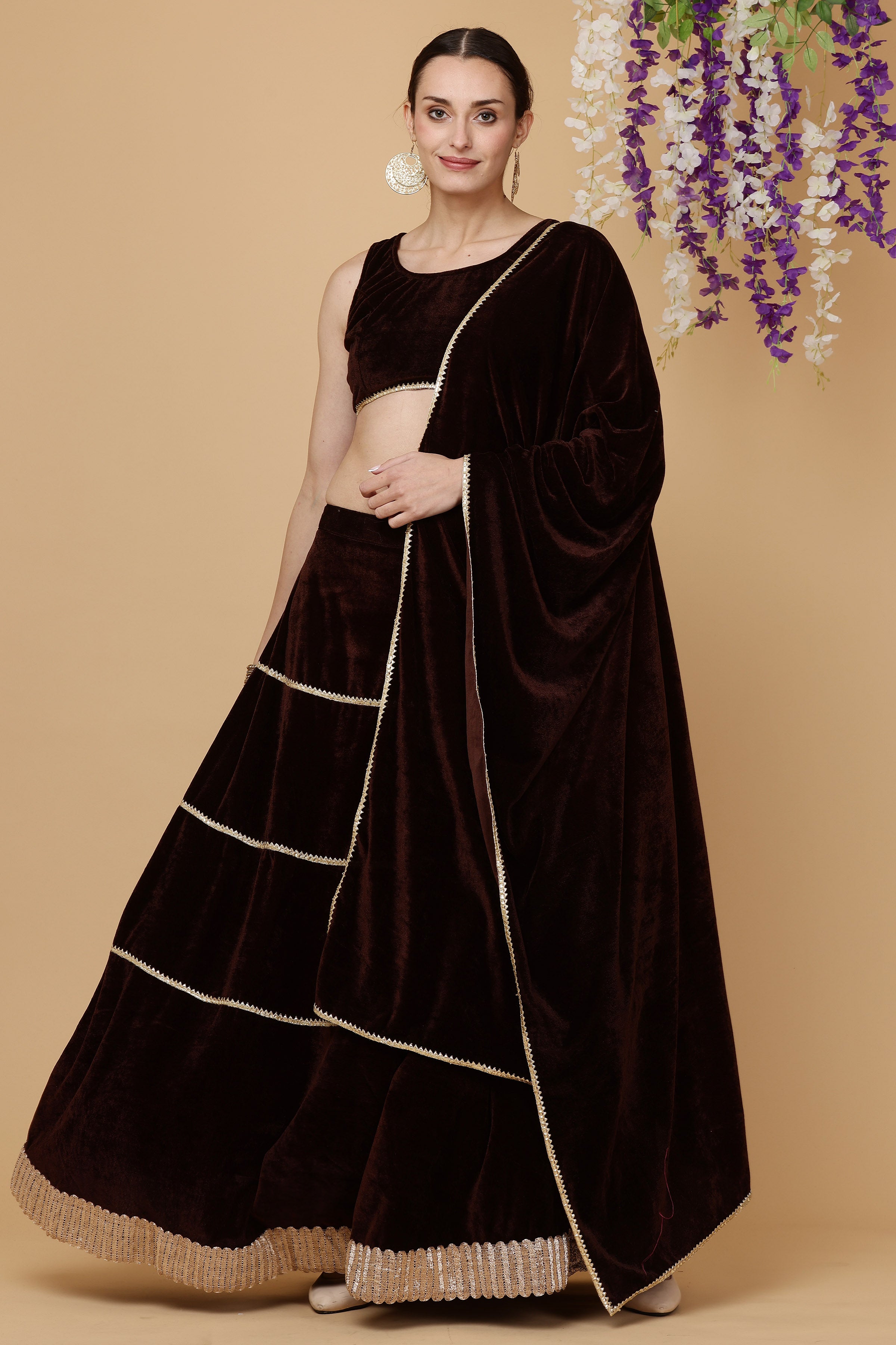 Kaanchie Nanggia Brown velvet skirt blouse with dupatta