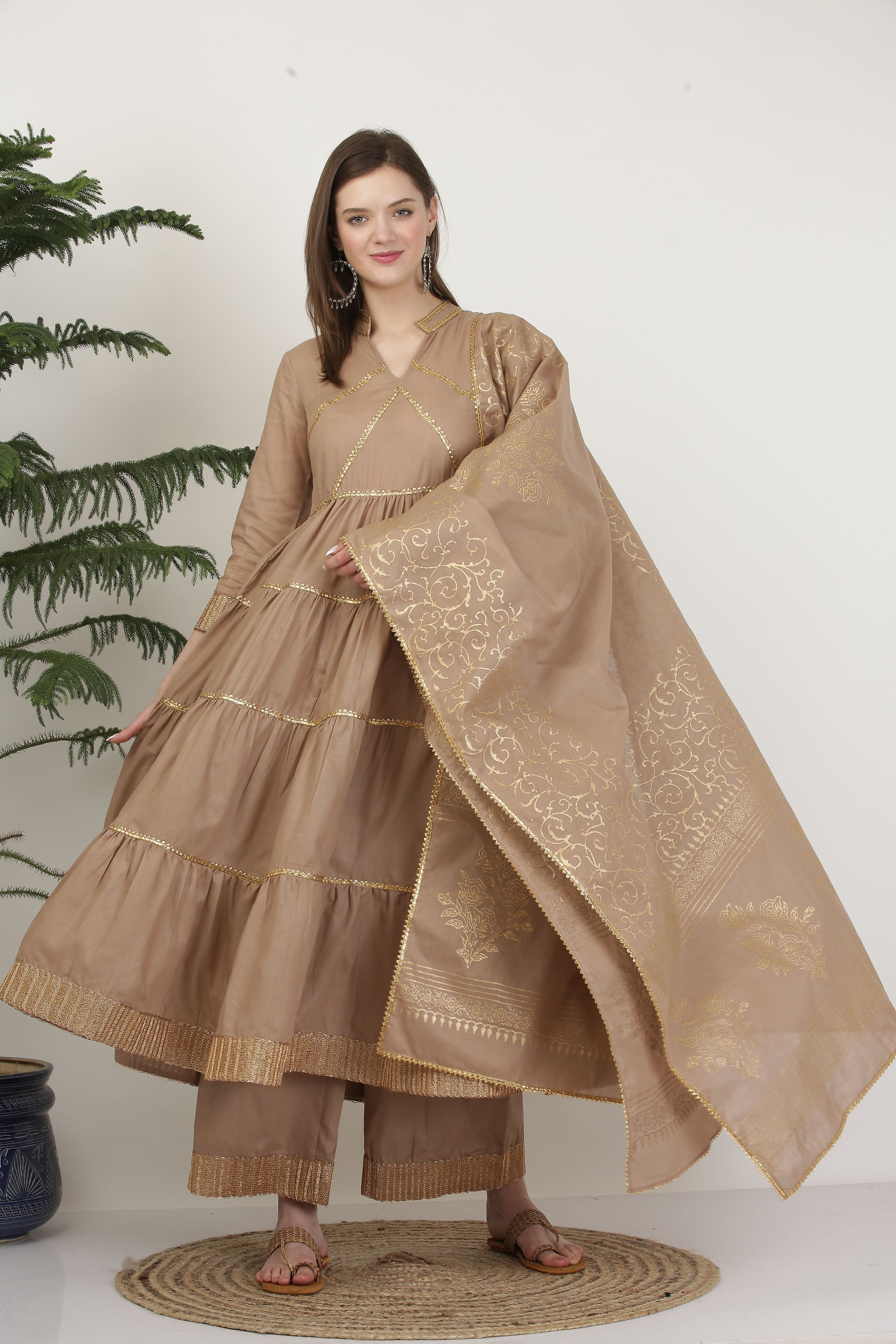 Kaanchie Nanggia Cotton Brown Gota Work Suit (Set of 3)