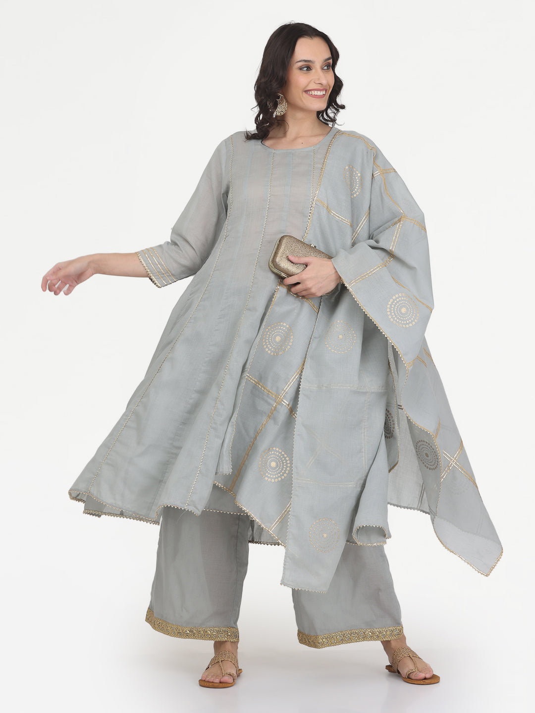 Kaanchie Nanggia Grey Gota Work Kurta Pant with Printed Dupatta (Set of 3)