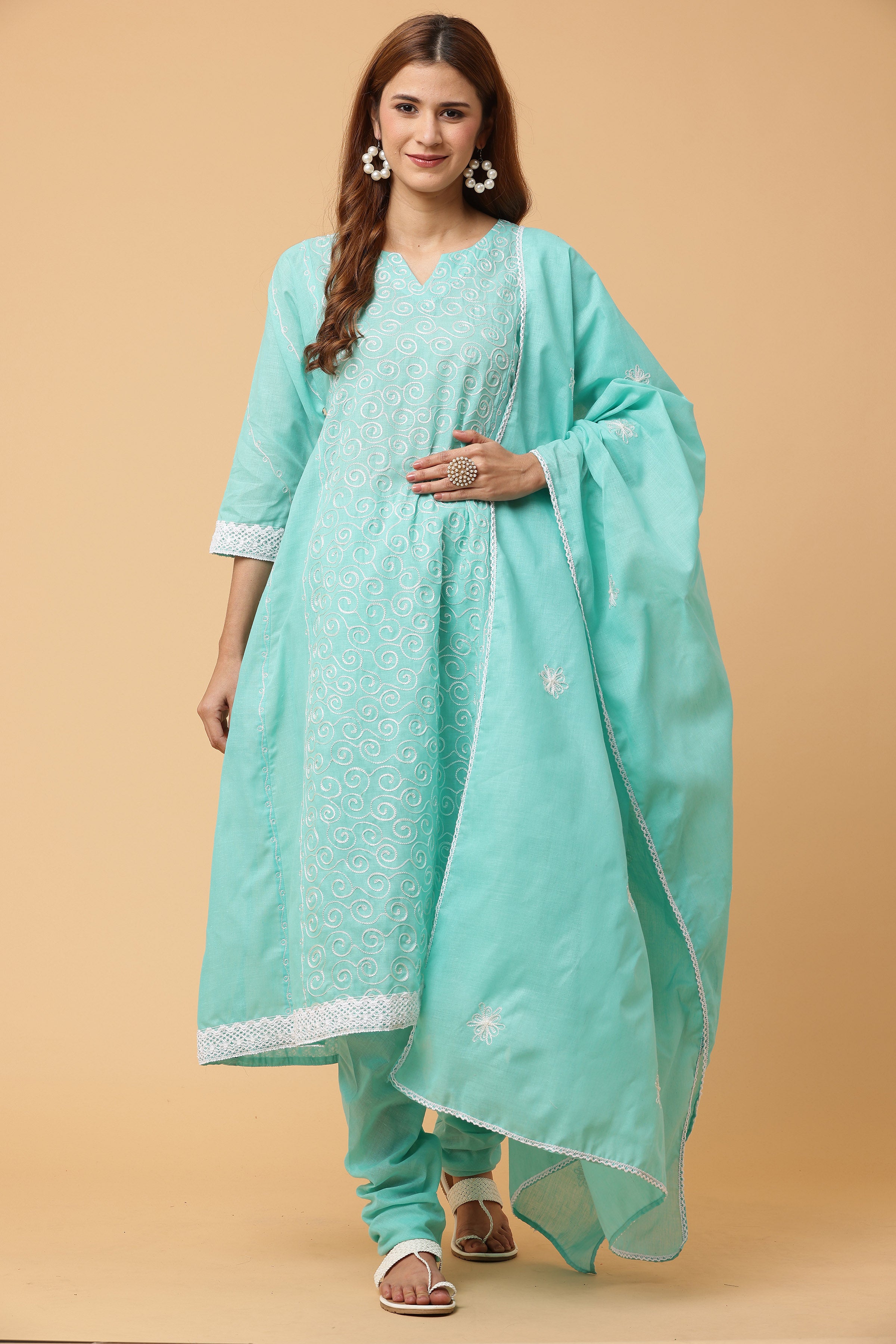 Kaanchie Nanggia Turquoise Kalidar Embroidered Kurta Chudidar with Dupatta (Set of 3)