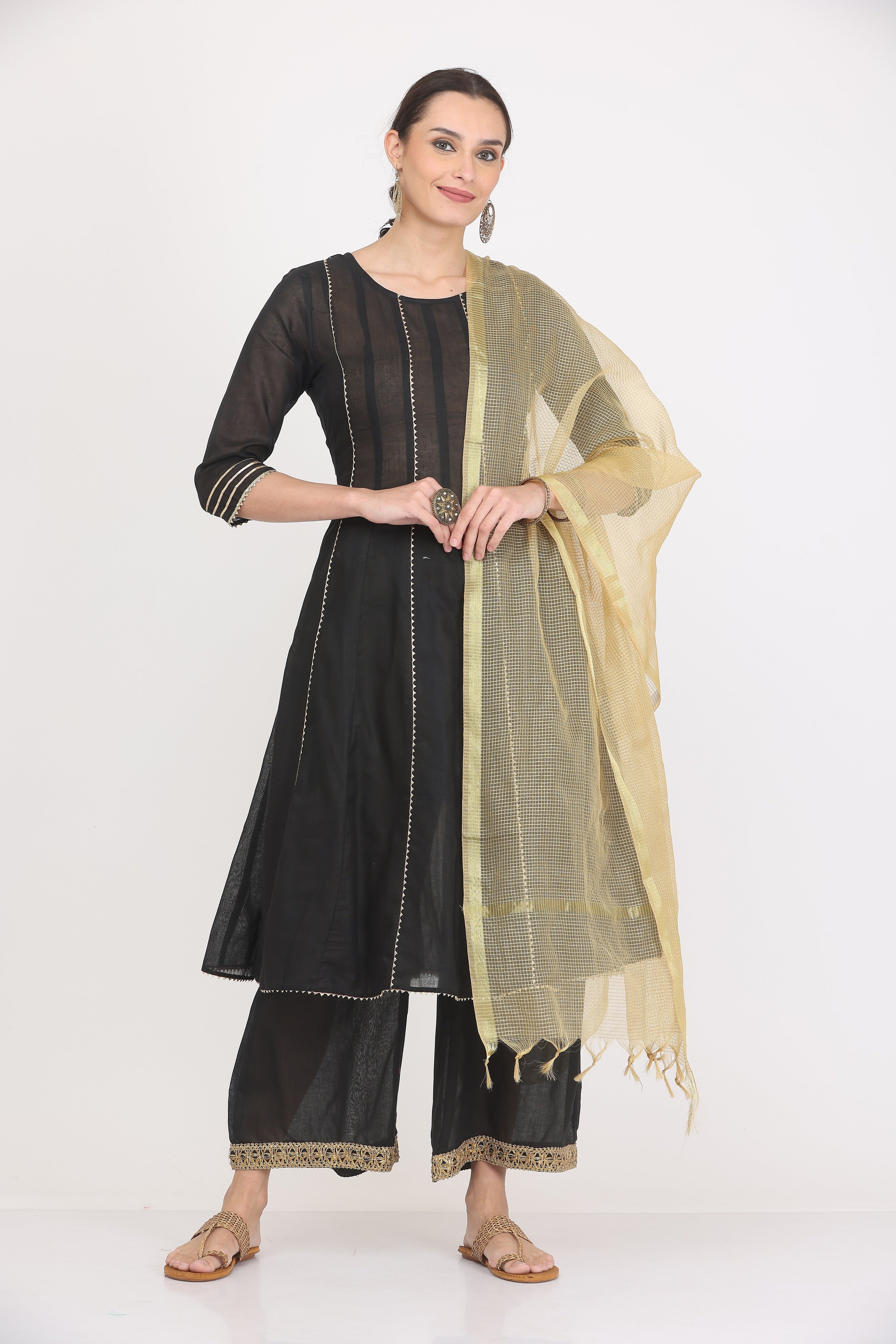 Kaanchie Nanggia Black Gota Work Kurta Palazzo with Dupatta (Set of 3)