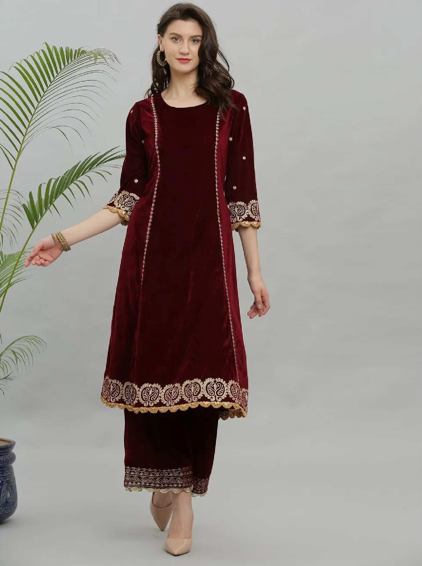 Kaanchie Nanggia Maroon Embroidery Velvet Kurta Pallazo - (Set of 2)