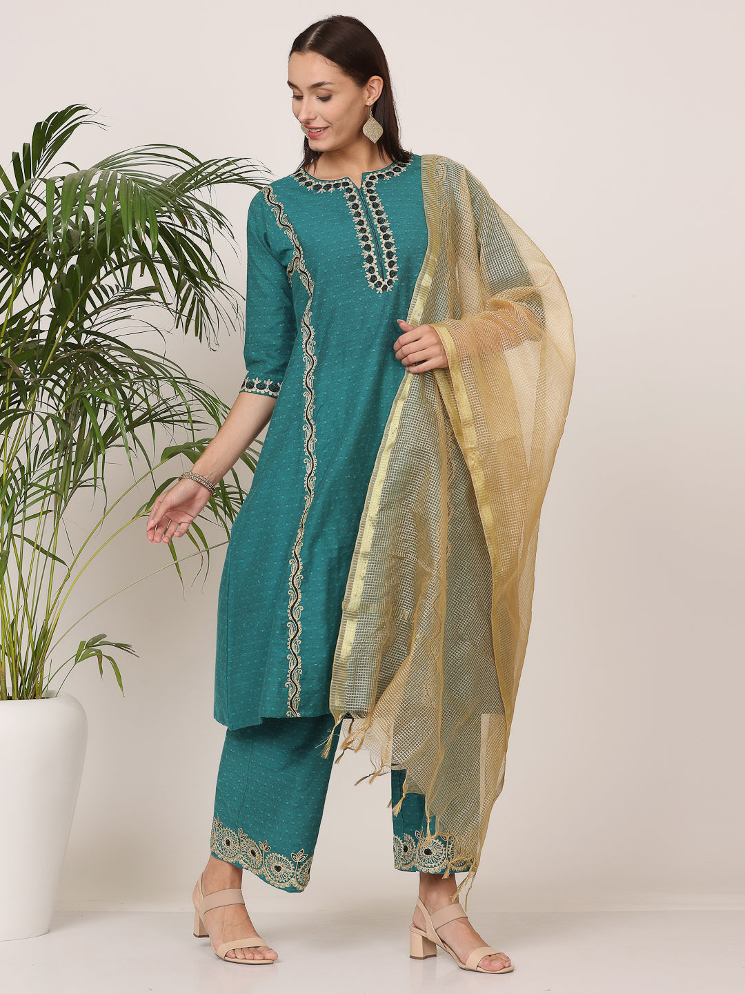 Kaanchie Nanggia Dark Green Pure Silk Embroidered Flayed Kurta Palazzo with Dupatta (Set of 3)