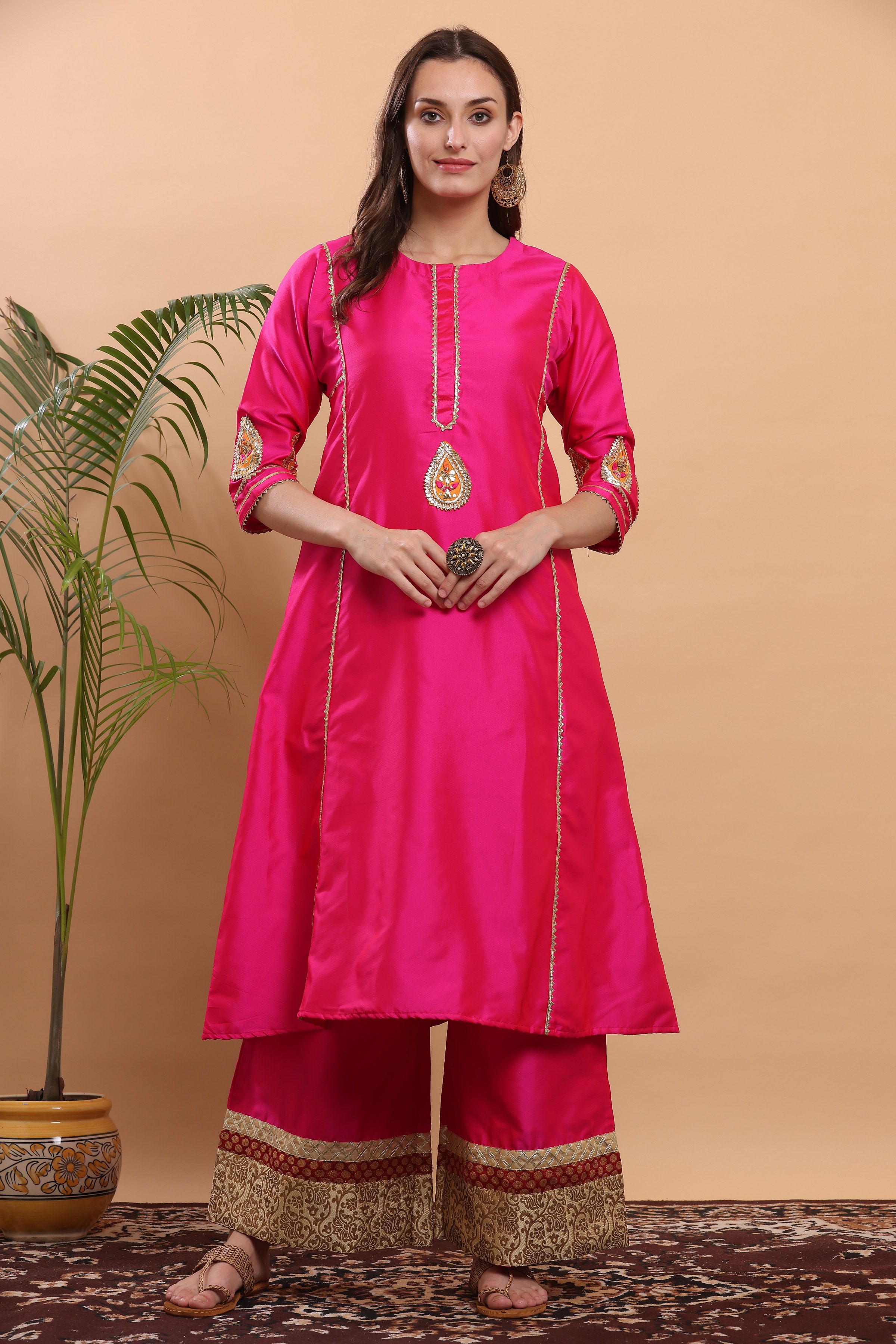 Kaanchie Nanggia Pink Flayred Gota Work Kurta Palazzo (Set of 2)