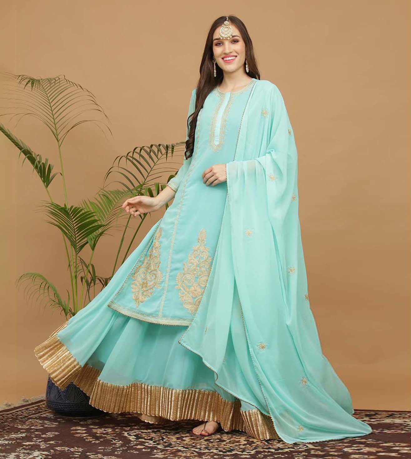 Kaanchie Nanggia Turquoise Embroidery Georgette Kurta with Skirt & Dupatta(Set of 3)