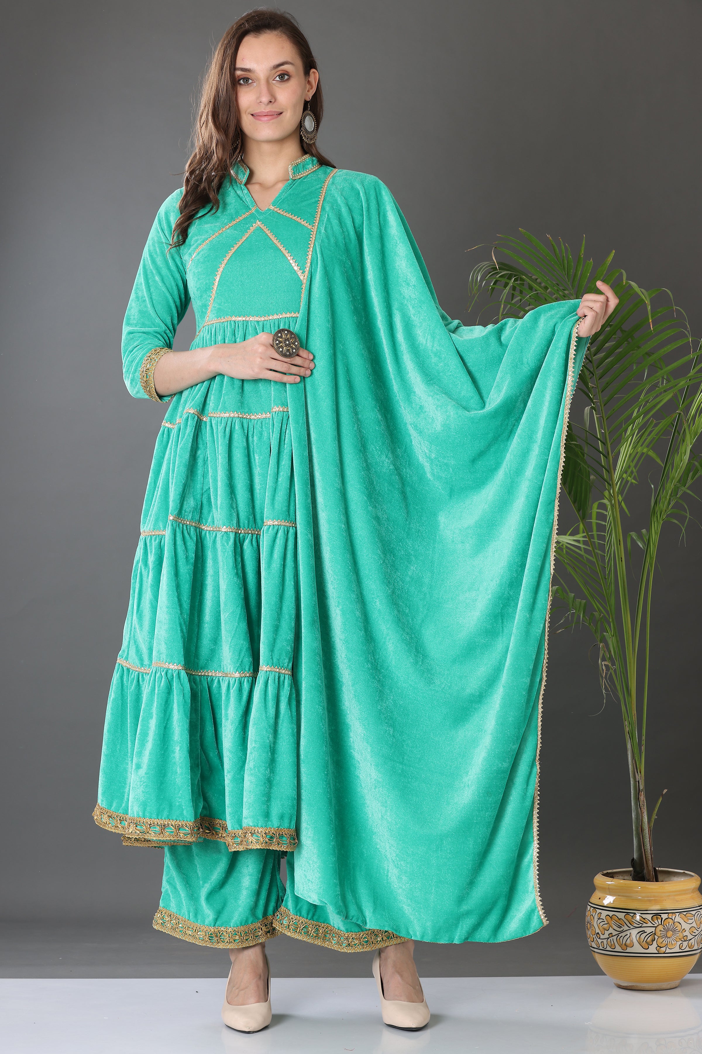 Kaanchie Nanggia Firoji Velvet with Gota Patti Work Flared Kurta Palazzo & Dupatta (Set of 3)