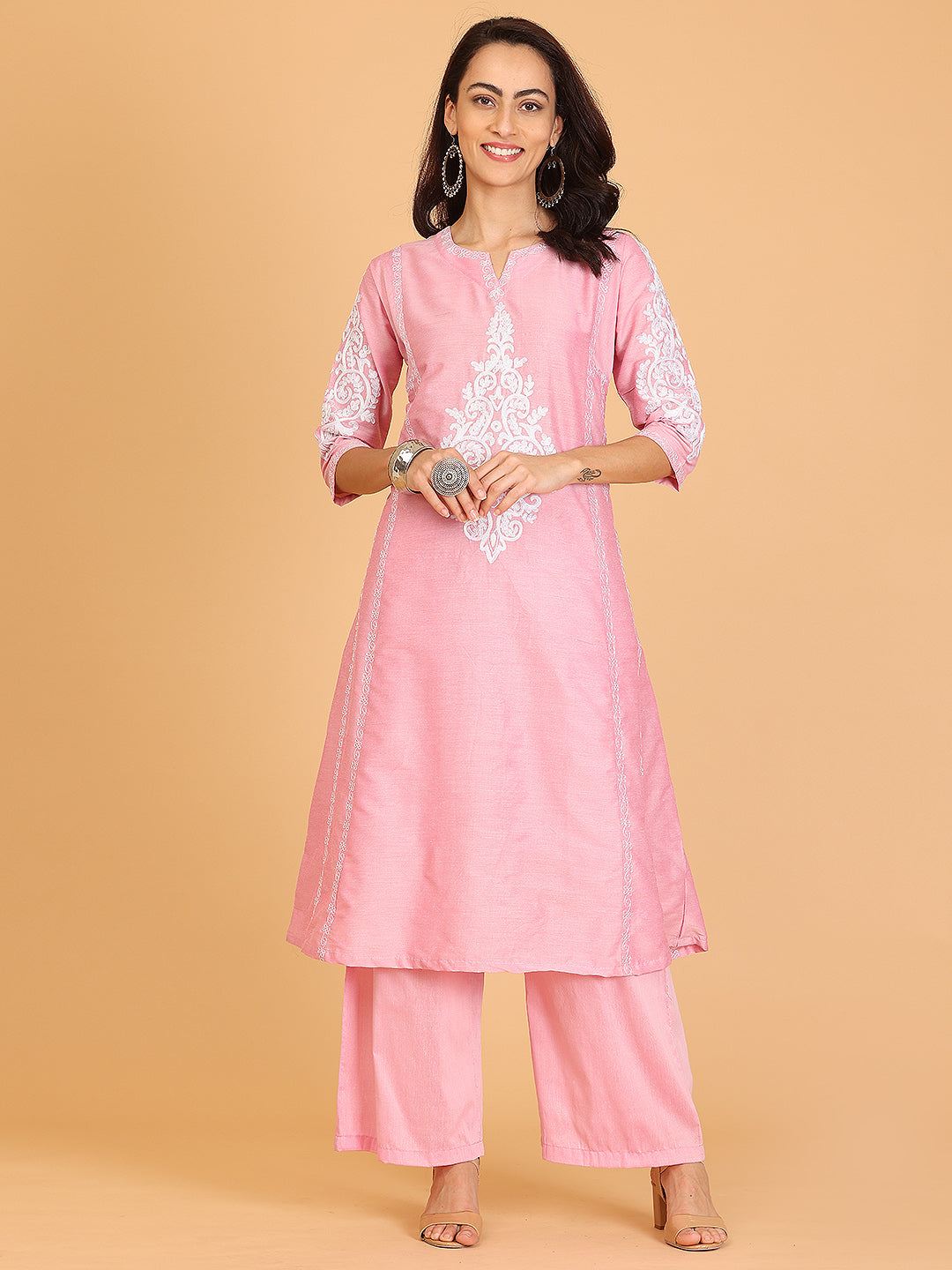Kaanchie Nanggia Pink Embroidered Cotton Silk Flayred Kurta and Palazzo (Set of 2)