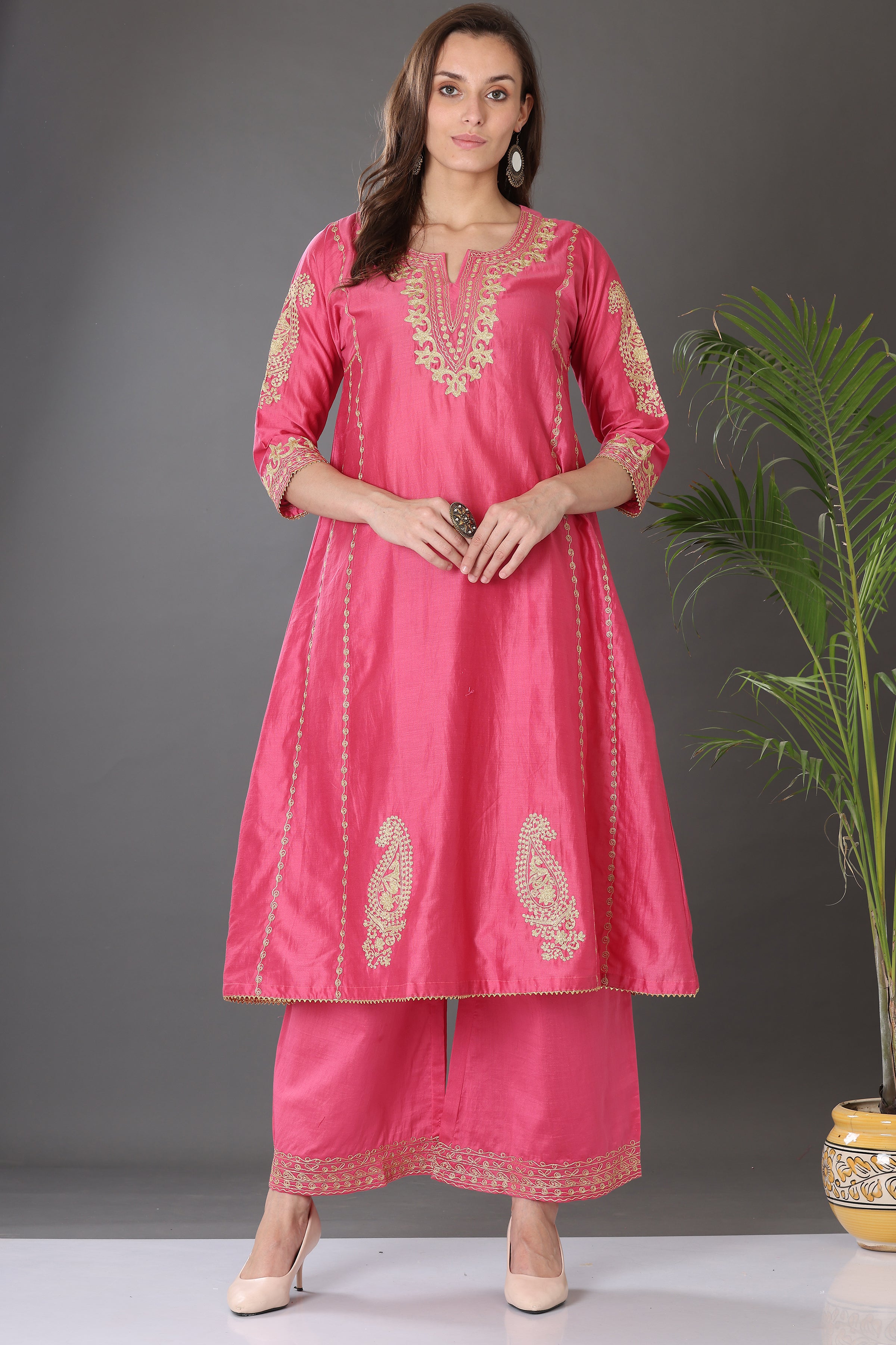 Kaanchie Nanggia Pink Embroidered Silk Kurta Palazzo (Set of 2)