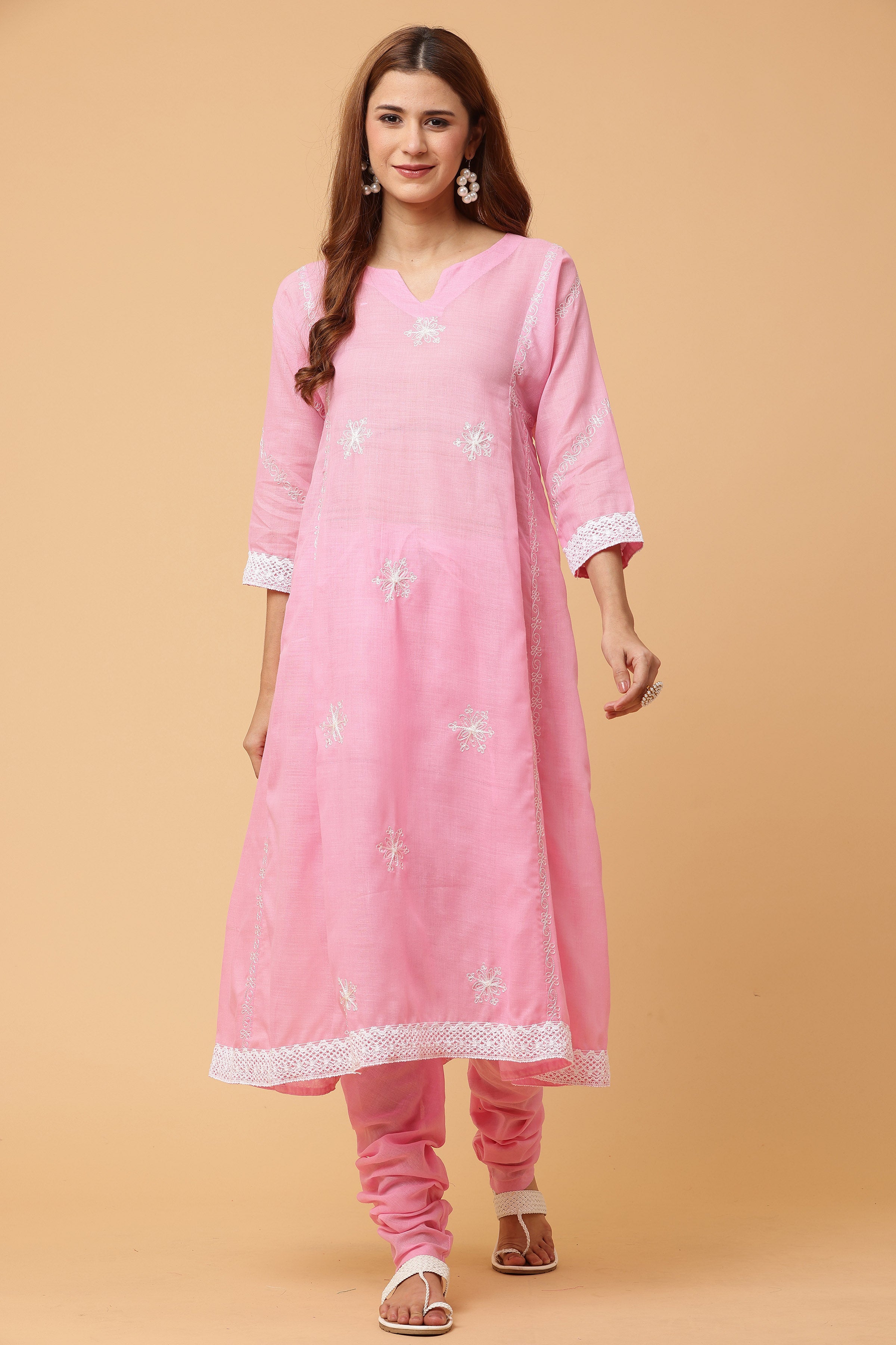 Kaanchie Nanggia Pink Kalidar Embroidered Kurta Chudidar with Dupatta (Set of 3)