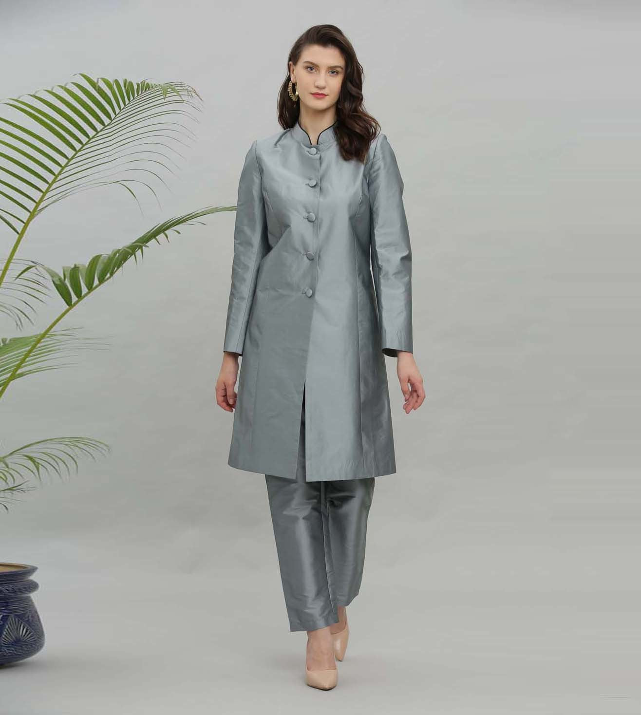 Kaanchie Nanggia Grey Solid Jacket Kurta And Pant - (Set of 2)