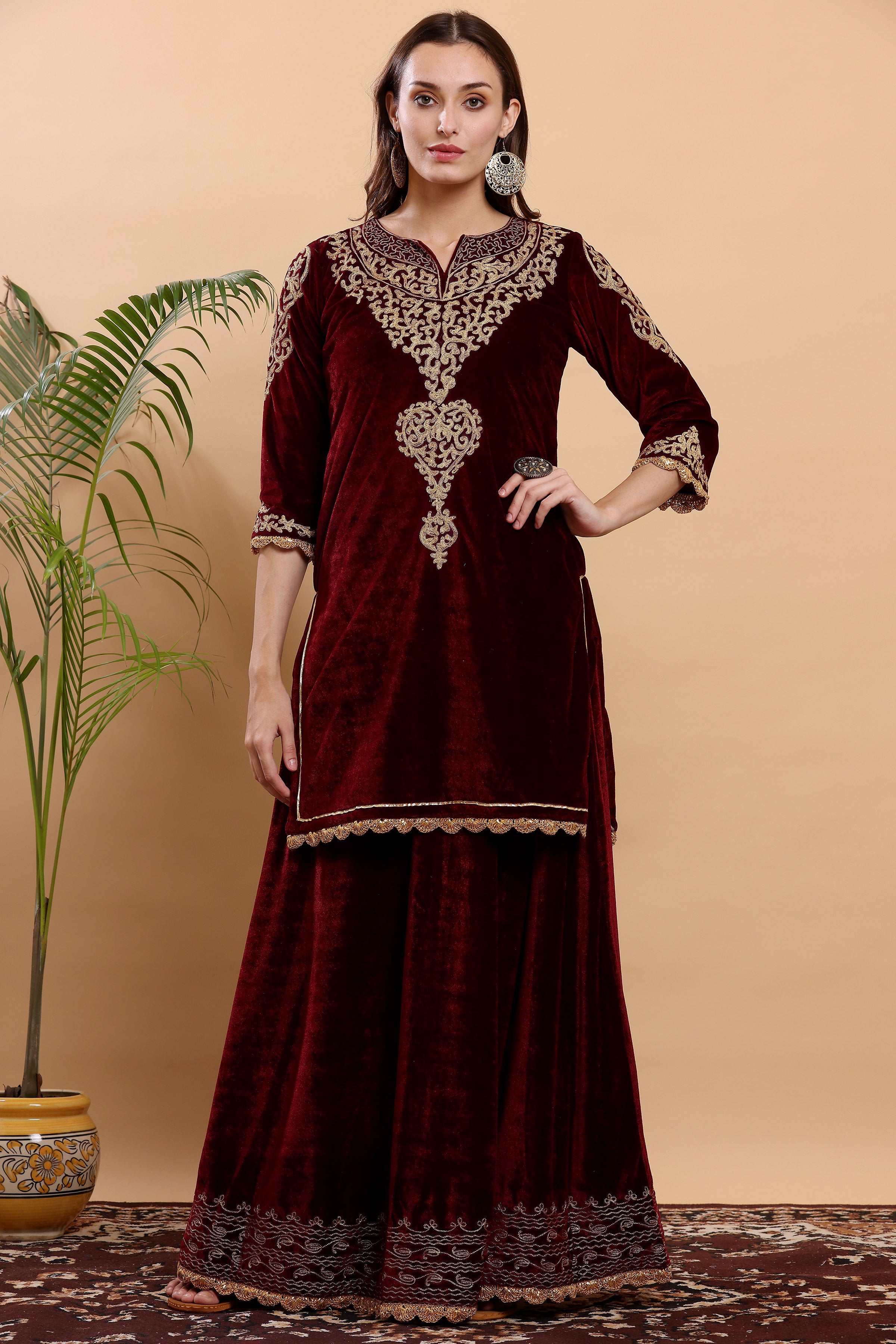 Kaanchie Nanggia Maroon Embroidered Kurta Lehenga (Set of 2)