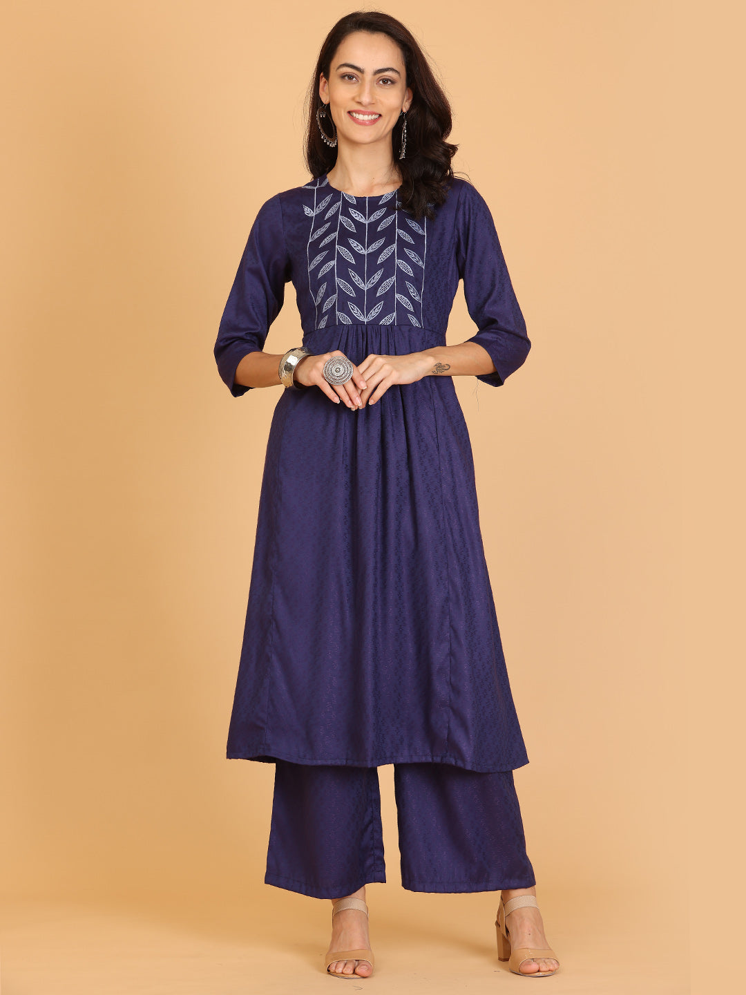 Kaanchie Nanggia Blue Embroidered Flayred Kurta with Palazzo (Set of 2)