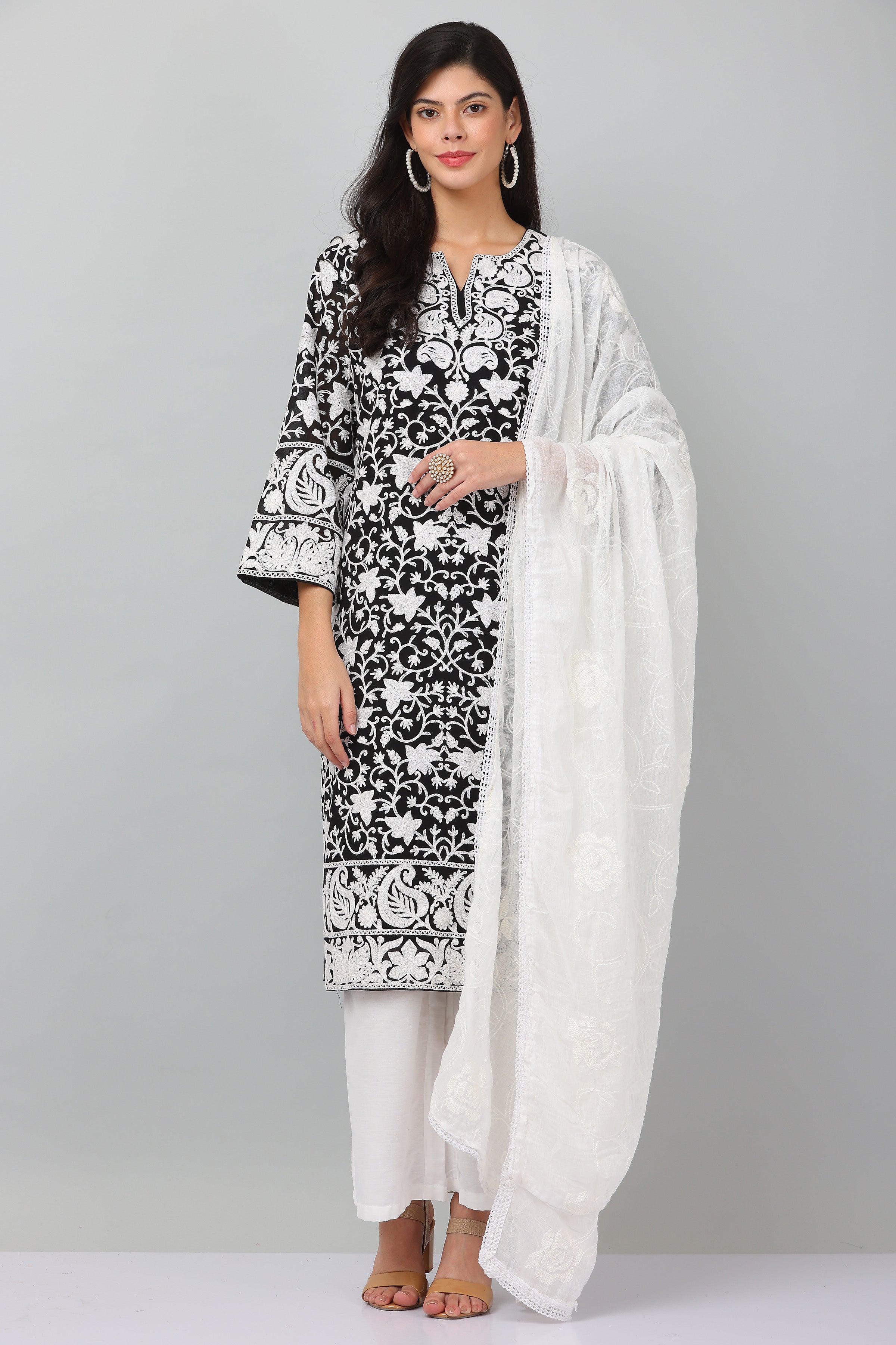 Kaanchie Nanggia Black Georgette Embroidered Kurta & Dupatta with Pant (Set of 3)