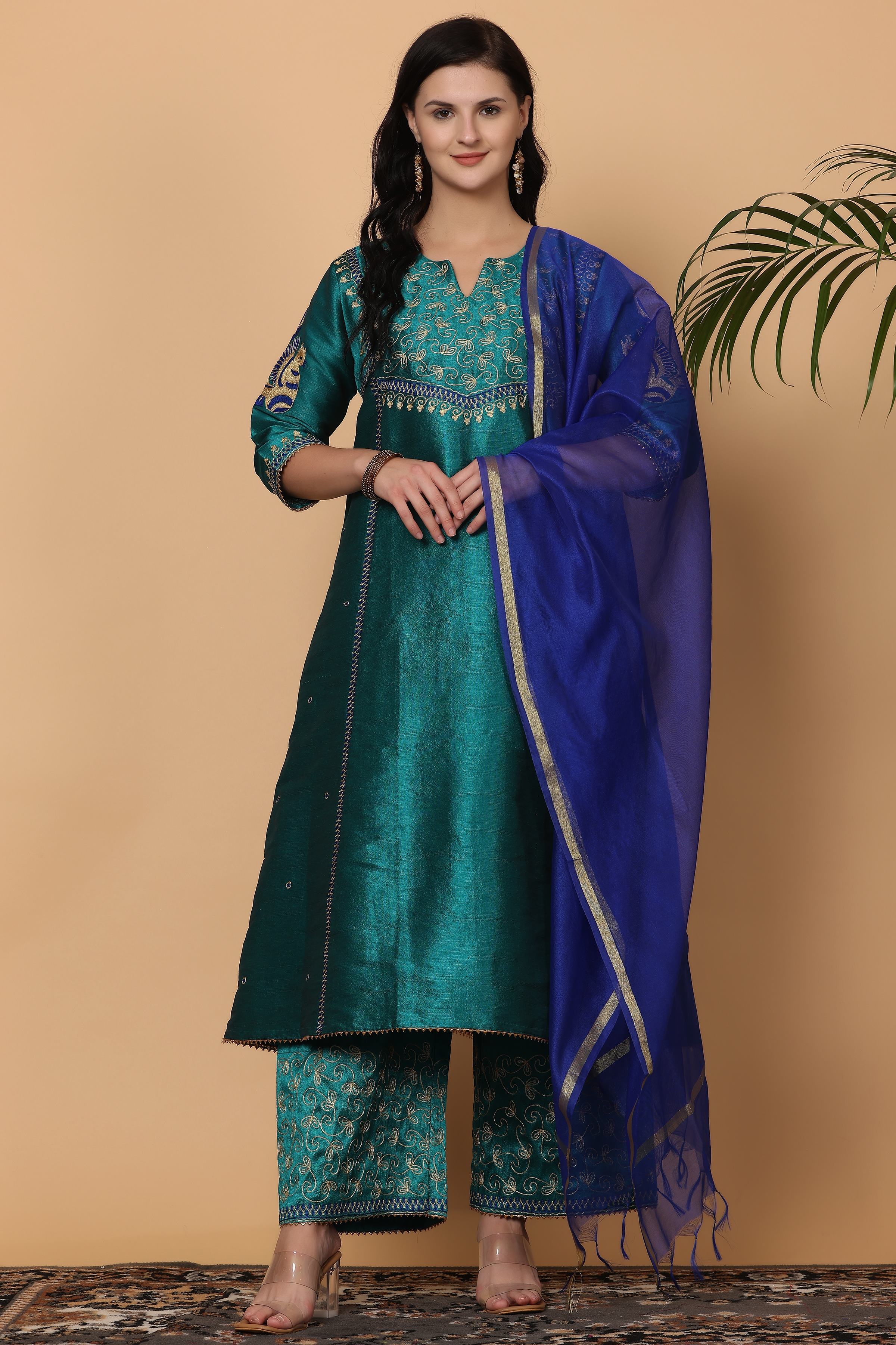 Kaanchie Nanggia Teal Green Embroidered Kurta Palazzo with Dupatta (Set of 3)