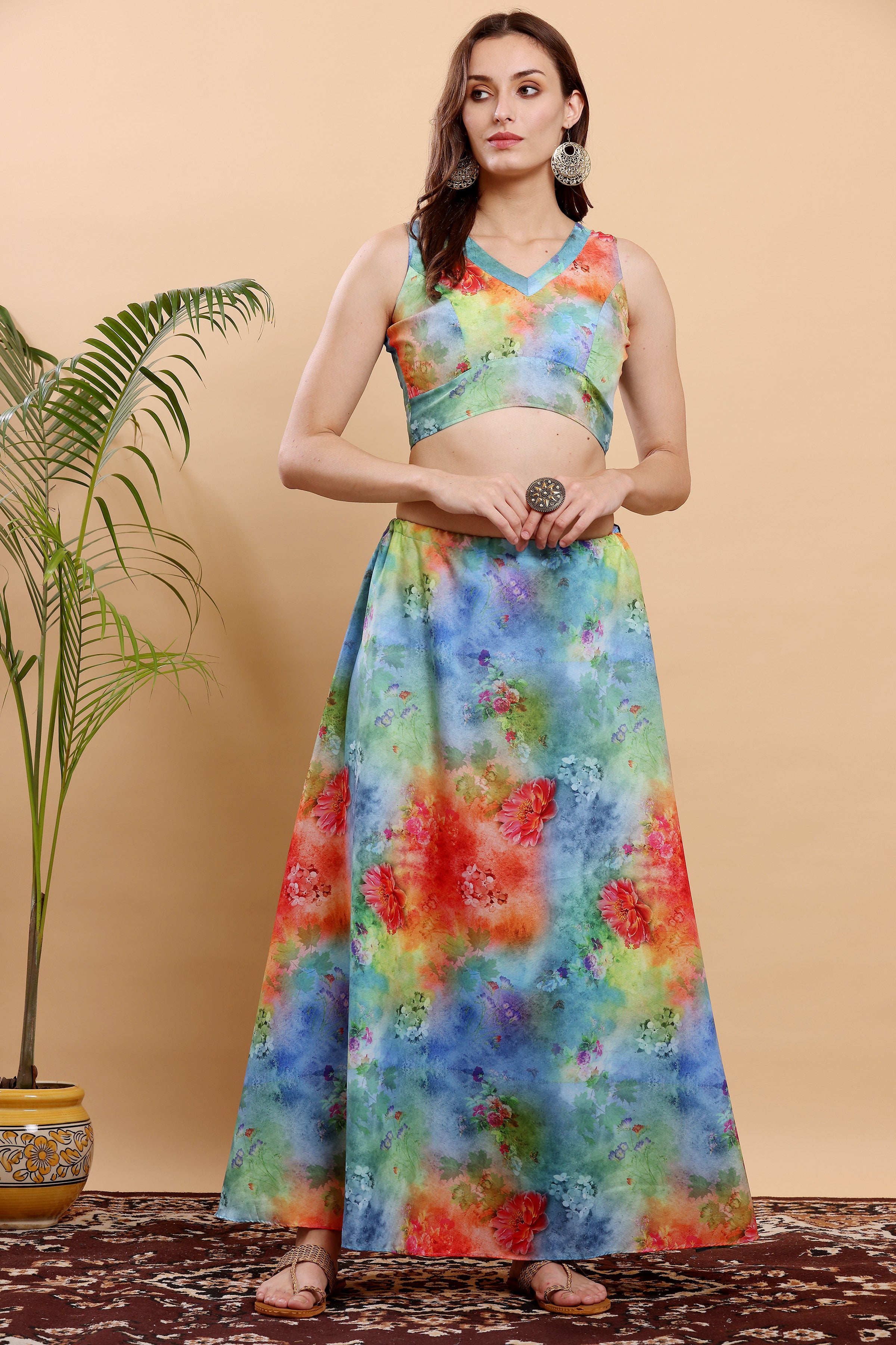 Kaanchie Nanggia Blue & Orange Printed Ready to Wear Lehenga & Choli (Set of 2)